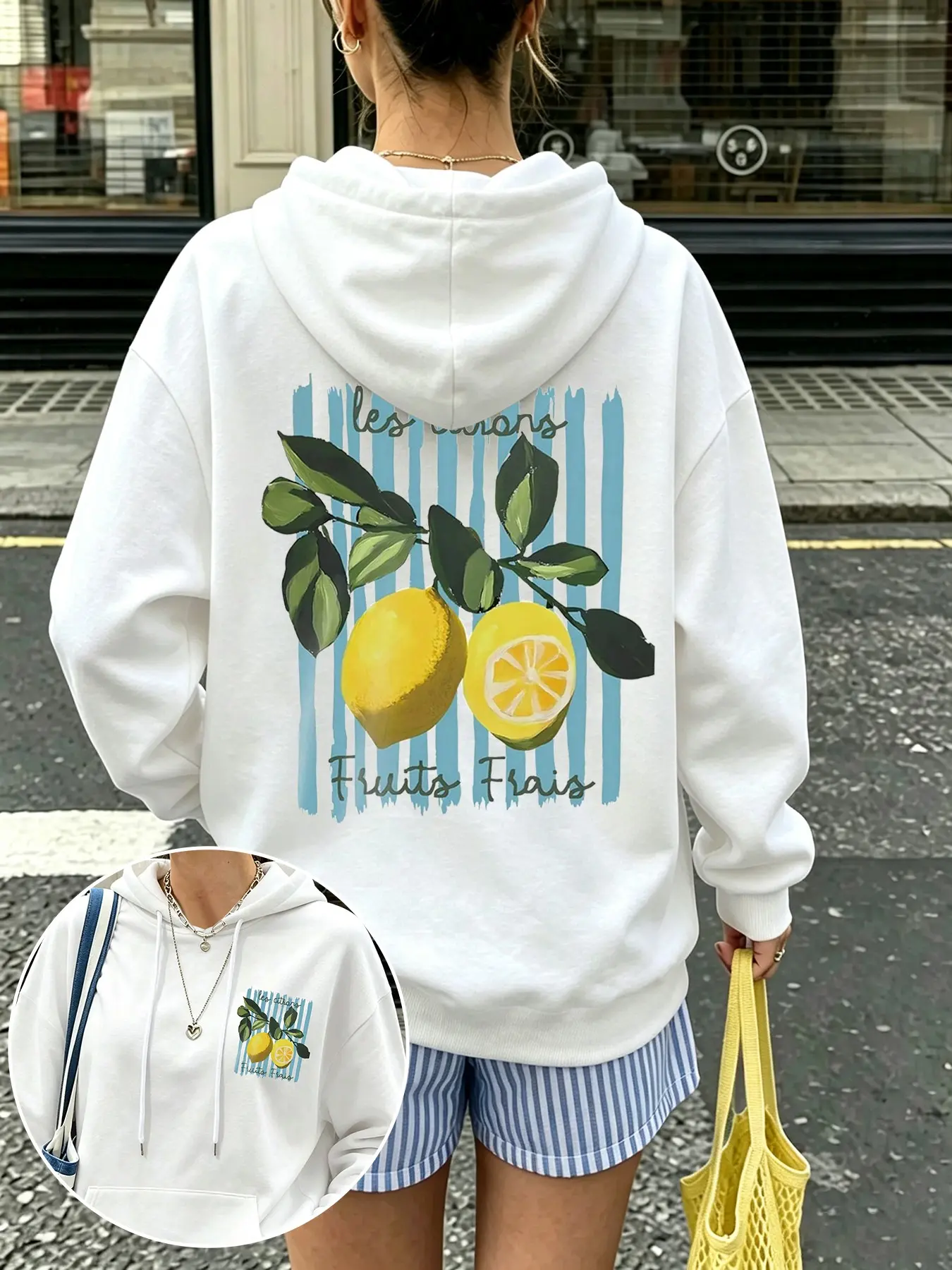 Women's Fashion Casual Sweatshirt with Drawstring Pockets, Lemon Stripe Print, Comfortable Fall Winter Top, Daily Wear