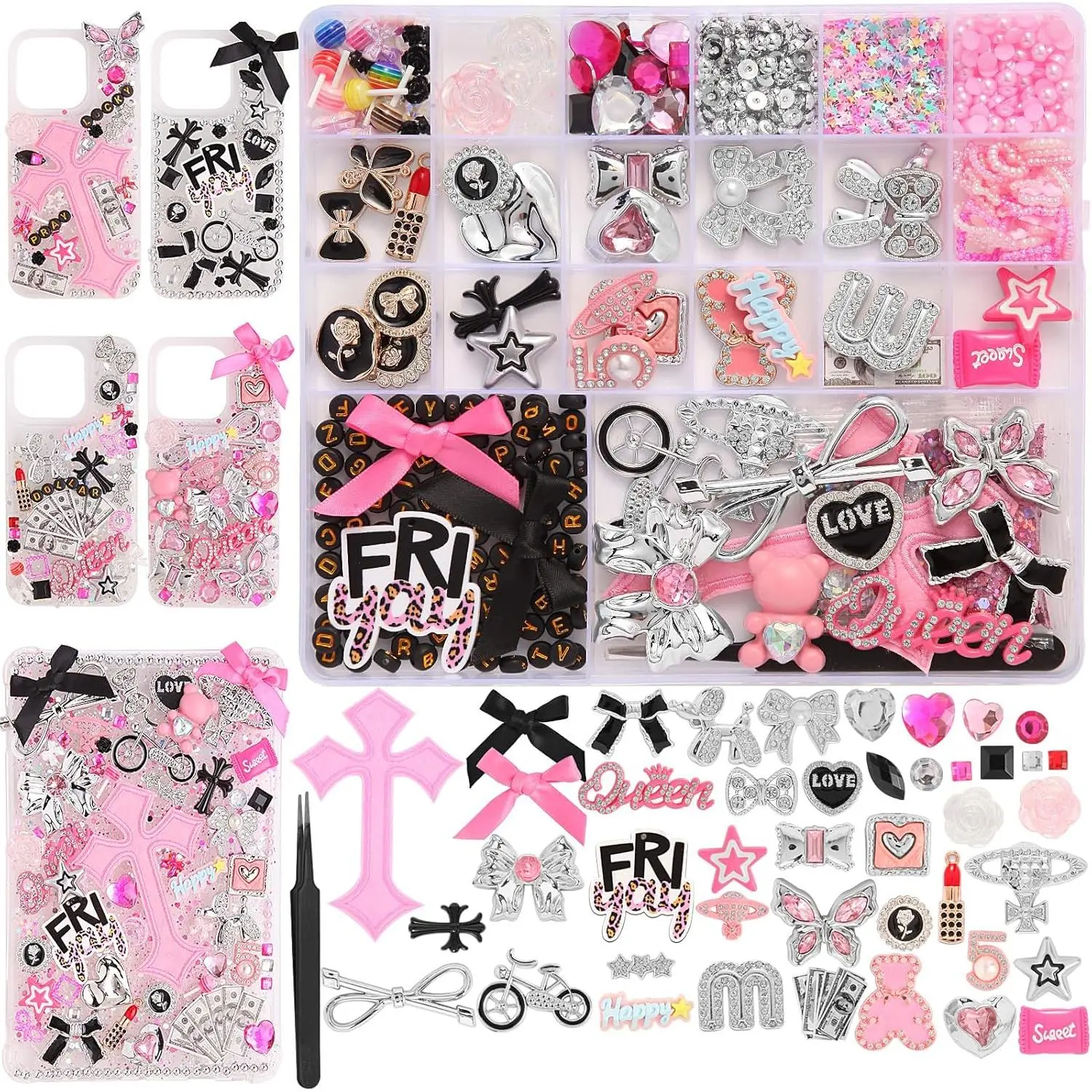 EIiovcnya 2380 Pcs Junk Phone Case Charms Kit, Charms for Customizing DIY Cases, with Nail Accessories, Cute Bow, Star, Candy, Letter Beads, Flatback Aesthetic Big Decor for Mother's Day