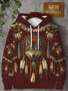 Men's Native Wolf Chief Feather Headdress Dream 3D Print Hoodie 2026 Viral Street Tribal Mystic Personality Casual Versatile Slim Fit Muscle Four Seasons Essential Handsome Top