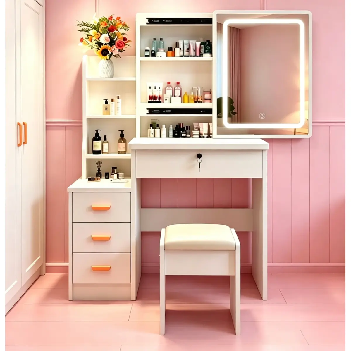 Modern White Makeup Vanity Set with LED-Lit Mirror, Storage Bedroom Table & Cushioned Stool - for Teens & Adults Home Bedrooms/Dressing Rooms (Large Desk) vanity with mirror vanity desk vanity para mujer