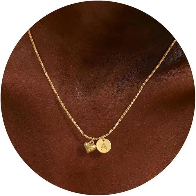 Personalization 14K Gold Plated Initial Necklace, Trendy Round Letter A-Z Dainty Cute Heart Pendant Necklace Personalized Initial Jewelry Birthday Gifts