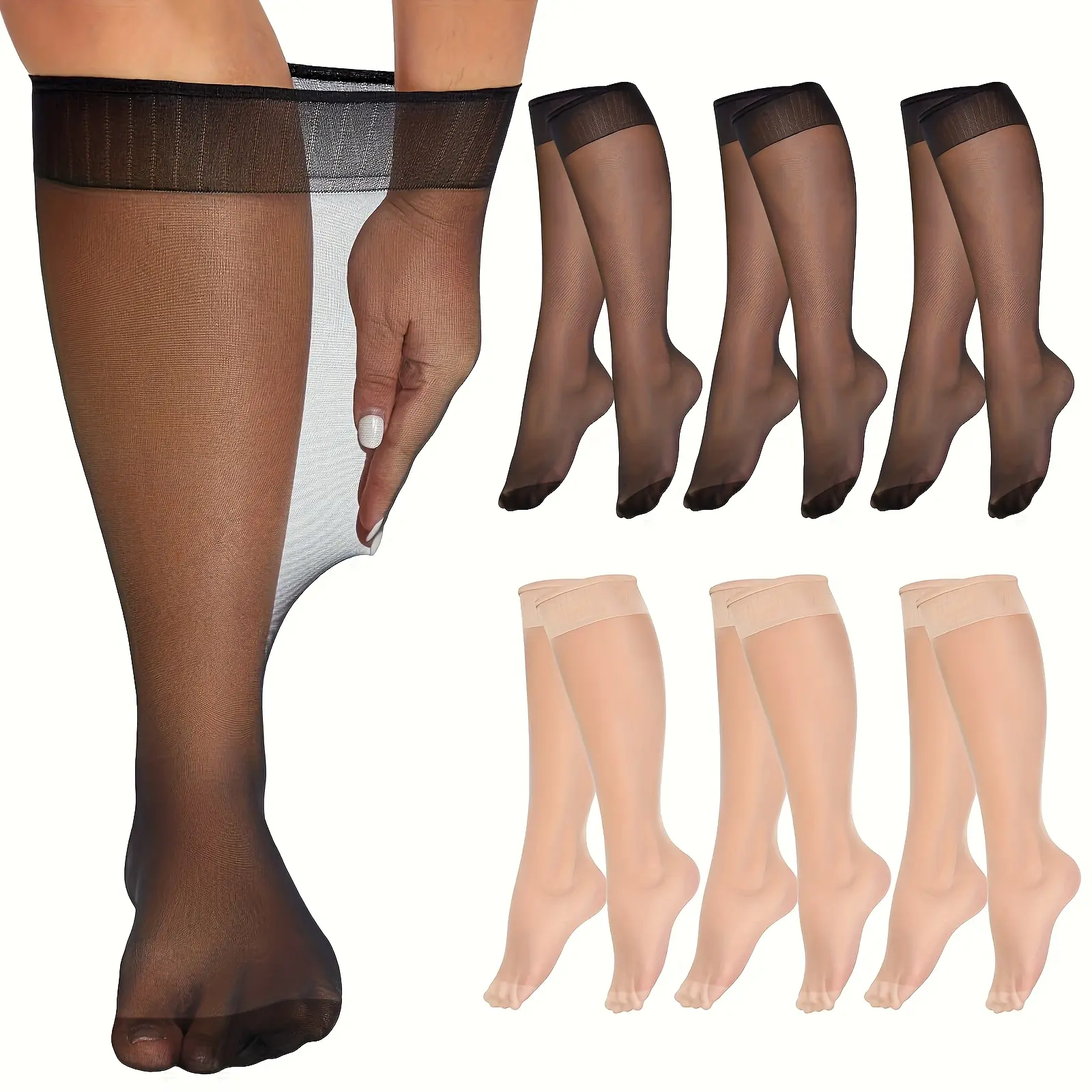 6 Pairs Women Sheer Knee High Stockings, Thin Transparent Nylon Knee High Socks, Stretch Breathable Dress Hosiery for Daily Office Wear, Black & Nude Two Colors