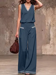 Women's V-Neck Sleeveless Colorblock Loose Fit Vest + Long Pants Set, Casual Mid Waisted Suit, Spring & Fall Fashion