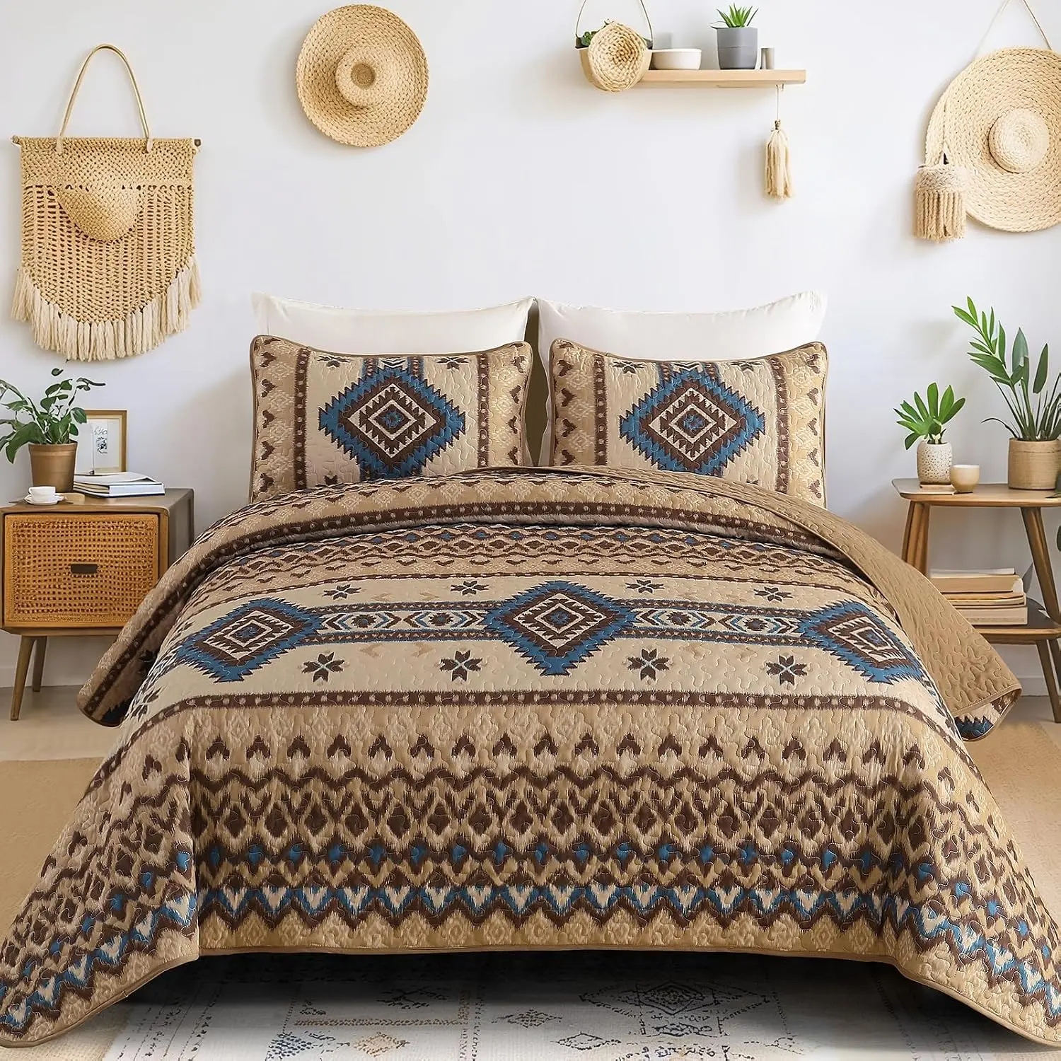 Aztec Set Queen, 3 Pcs Brown Southwestern Bedspread| Aztec, Southwestern Style, Lightweight Beathable, OEKO-TEX Certified, Machine Washable, Pet-Friendly, 96"x90"