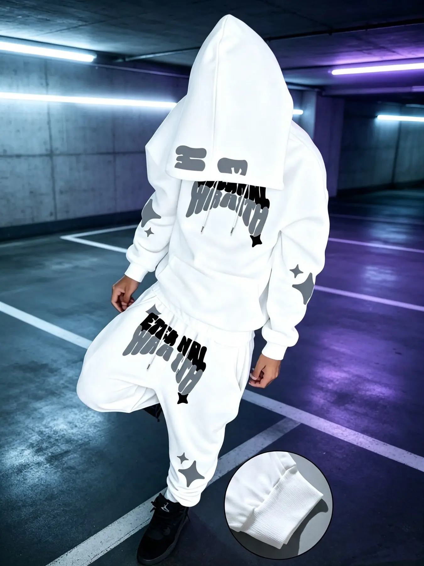 Men's Fall Winter Y2K Street Graffiti Star Letter Print Hoodie Set, Trendy and Artistic, Casual Fitted Suit, Unlined