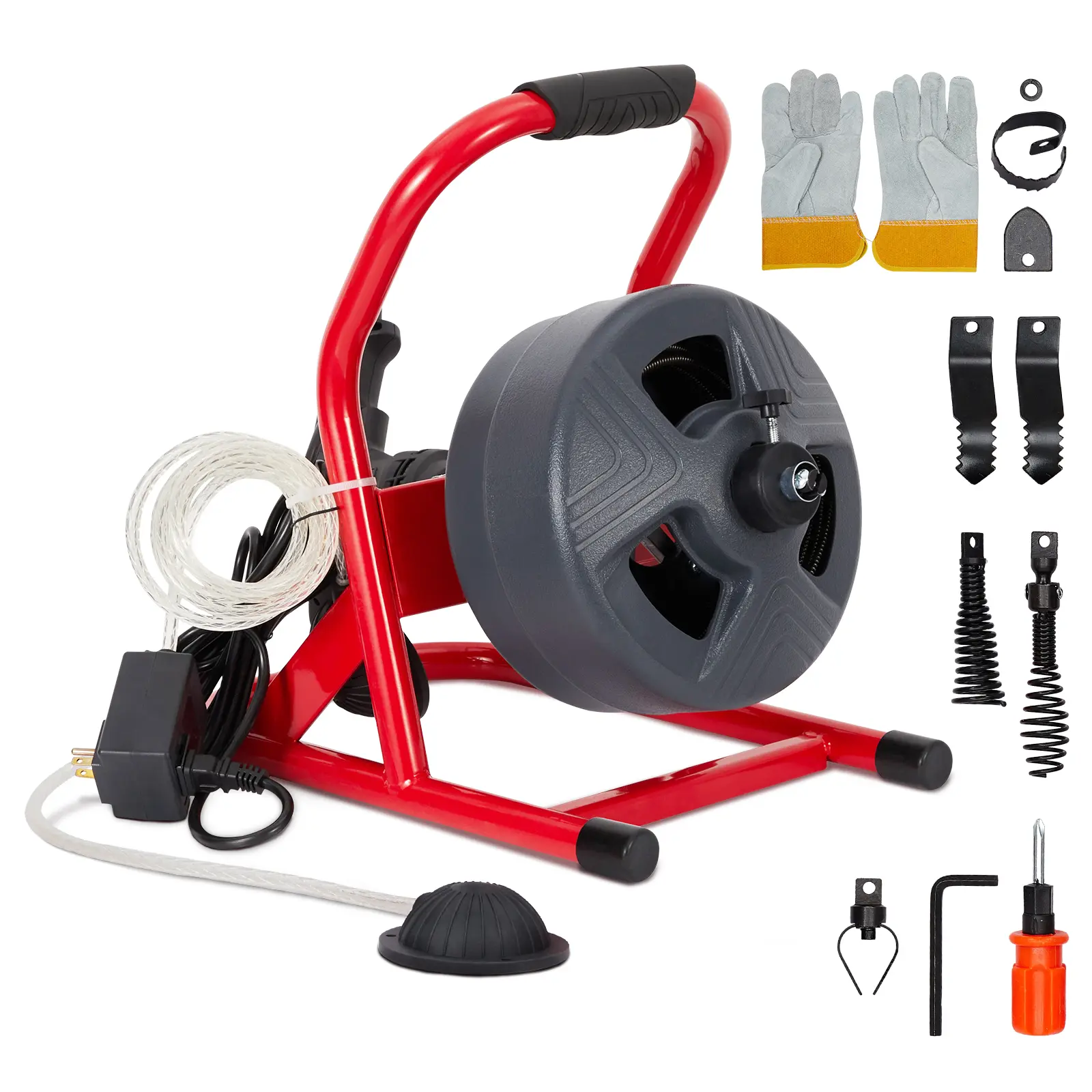 Automatic Electric Drain Auger, 50ft x 5/16in Mn65 Cable with 6 Cutters & Foot Switch, Portable Sewer Cleaner for 3/4in to 3in Pipes