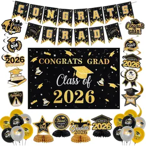 Graduation Decorations Set Class of 2026 Backdrop Congrats Grad Banner Hanging Swirls Streamers Honeycomb Centerpieces Balloons Kit for High School Masters College PhD Grad Party Supplies