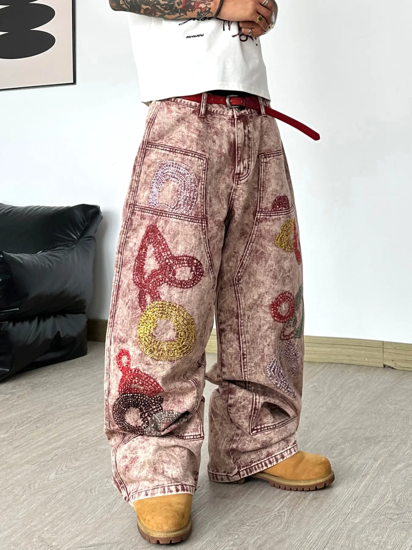 Men's Loose Fit Embroidered Jeans, Streetwear Denim Vintage Washed Geometric Beaded Patchwork Wide Leg Pants, Y2K Street Style, Comfortable Daily Wear