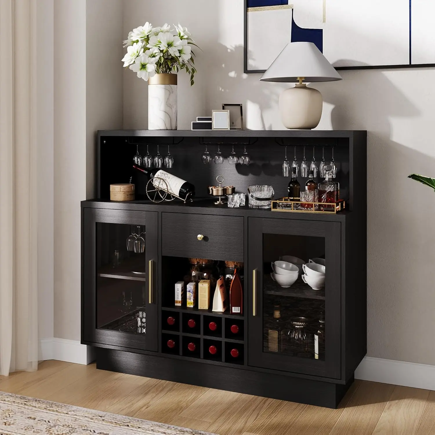 Rustic Modern Home Bar Cabinet with LED Lights & Glass Doors - Coffee & Wine Bar Station with Storage Shelves, Lockable Door, Spacious Countertop for Kitchen, Dining Room, Game Room Furniture