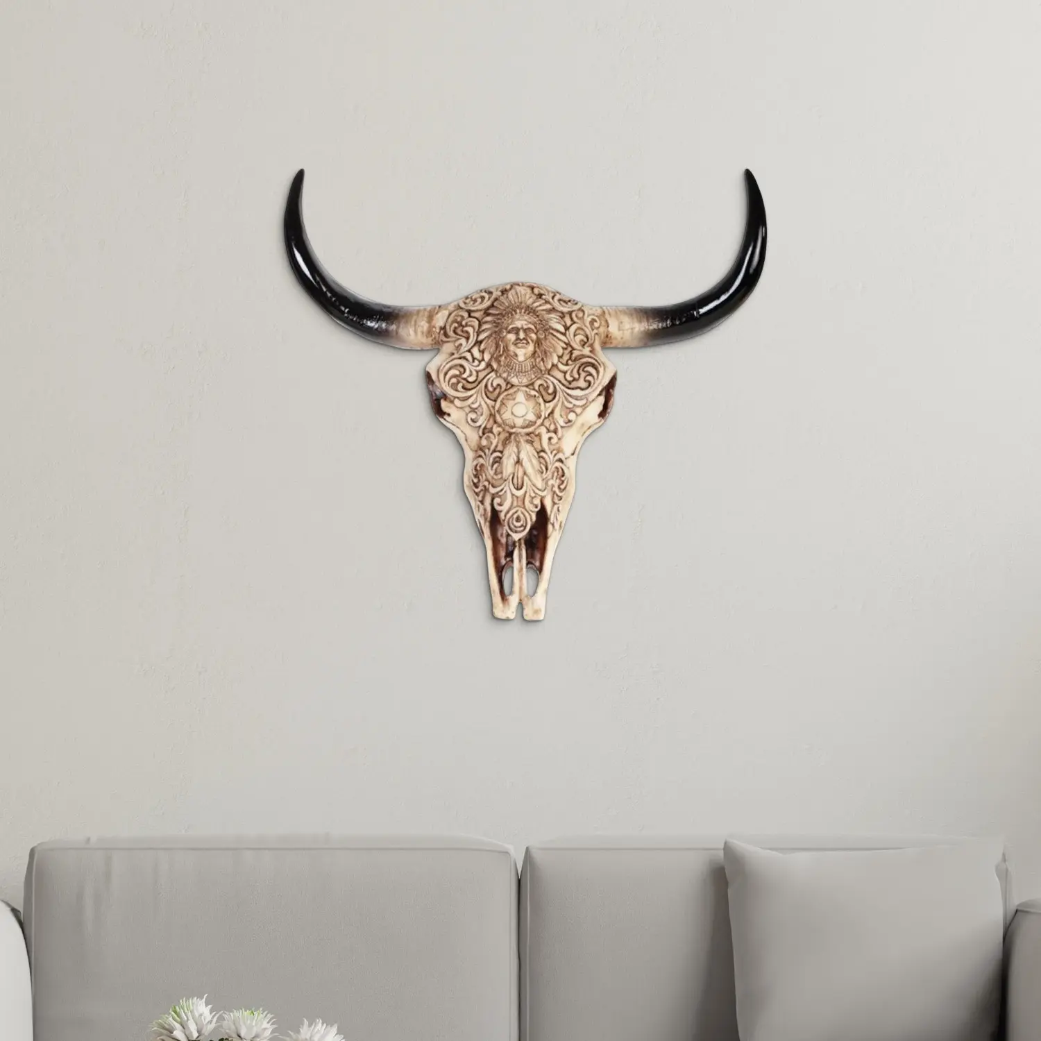11" H Buffalo Skull with Front Carved Relief Taxidermy Animal Head Wall Plaque Decor Statue, Home Room Decor Ornament, Perfect Housewarming Holiday Birthday Gift, Great Collectible for Enthusiasts & Decorative Displays