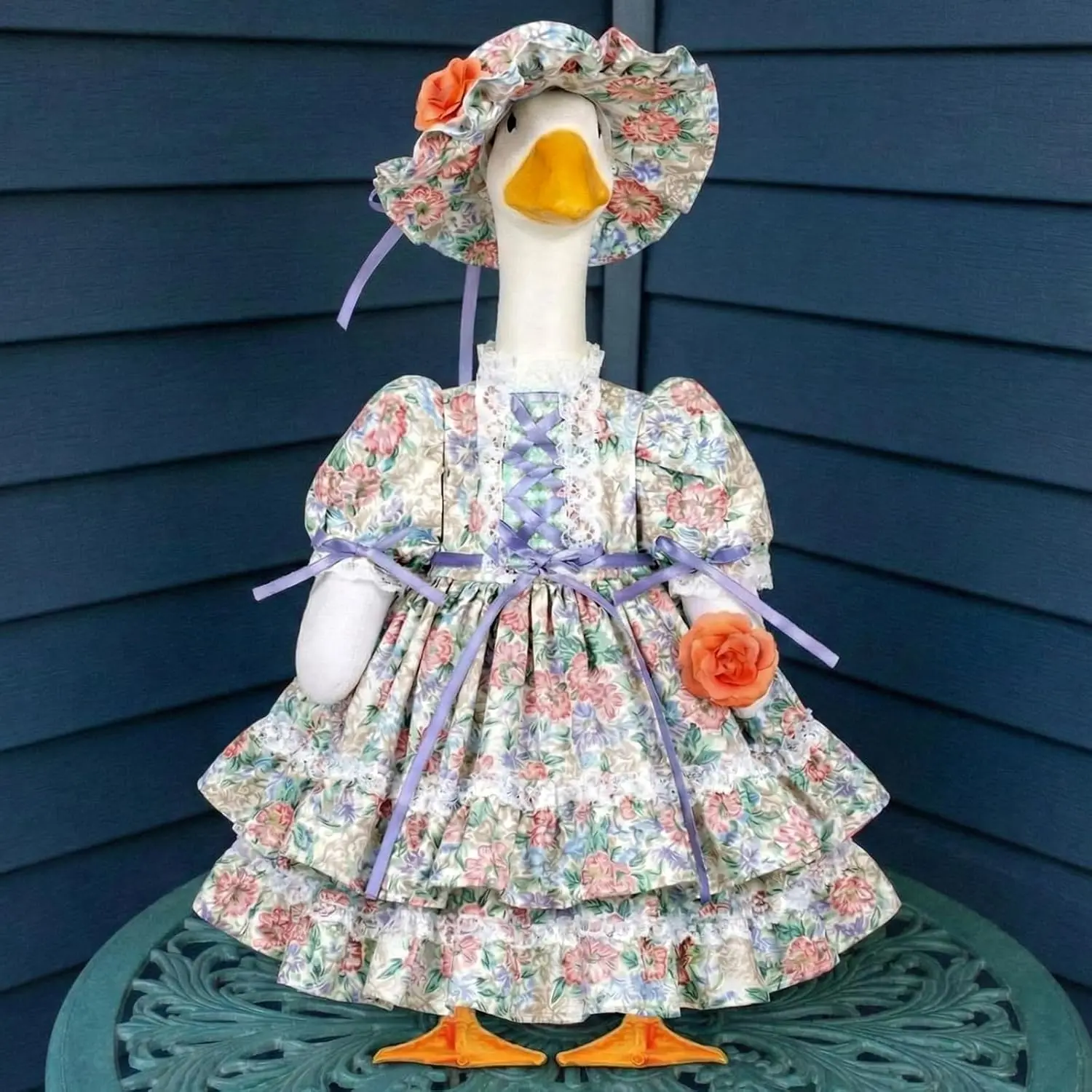 Porch Goose Outfit Set Spring Flower Lolita Dress Hat Clothes for 23'' Porch Goose Plastic Cement Statue Costume for Spring Easter Primitive Rustic Summer Outdoor Patio Yard Lawn Decor