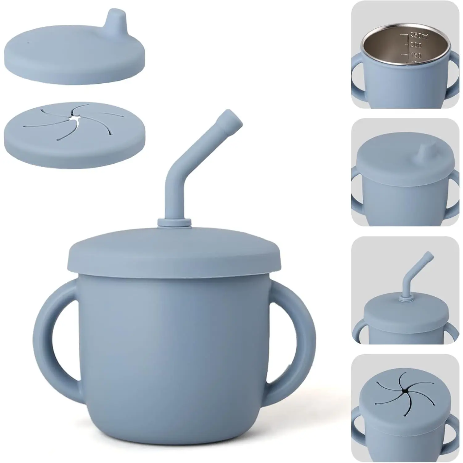 4-in-1 Stainless Steel Silicone Sippy Cup (Toddlers' Size, 8.5oz) - Multi-Use Lids (Open, Straw, Sippy, Snack), Baby Led Weaning Training, Dishwasher Safe, Cloudy Blue, for 1-3 Year-Olds