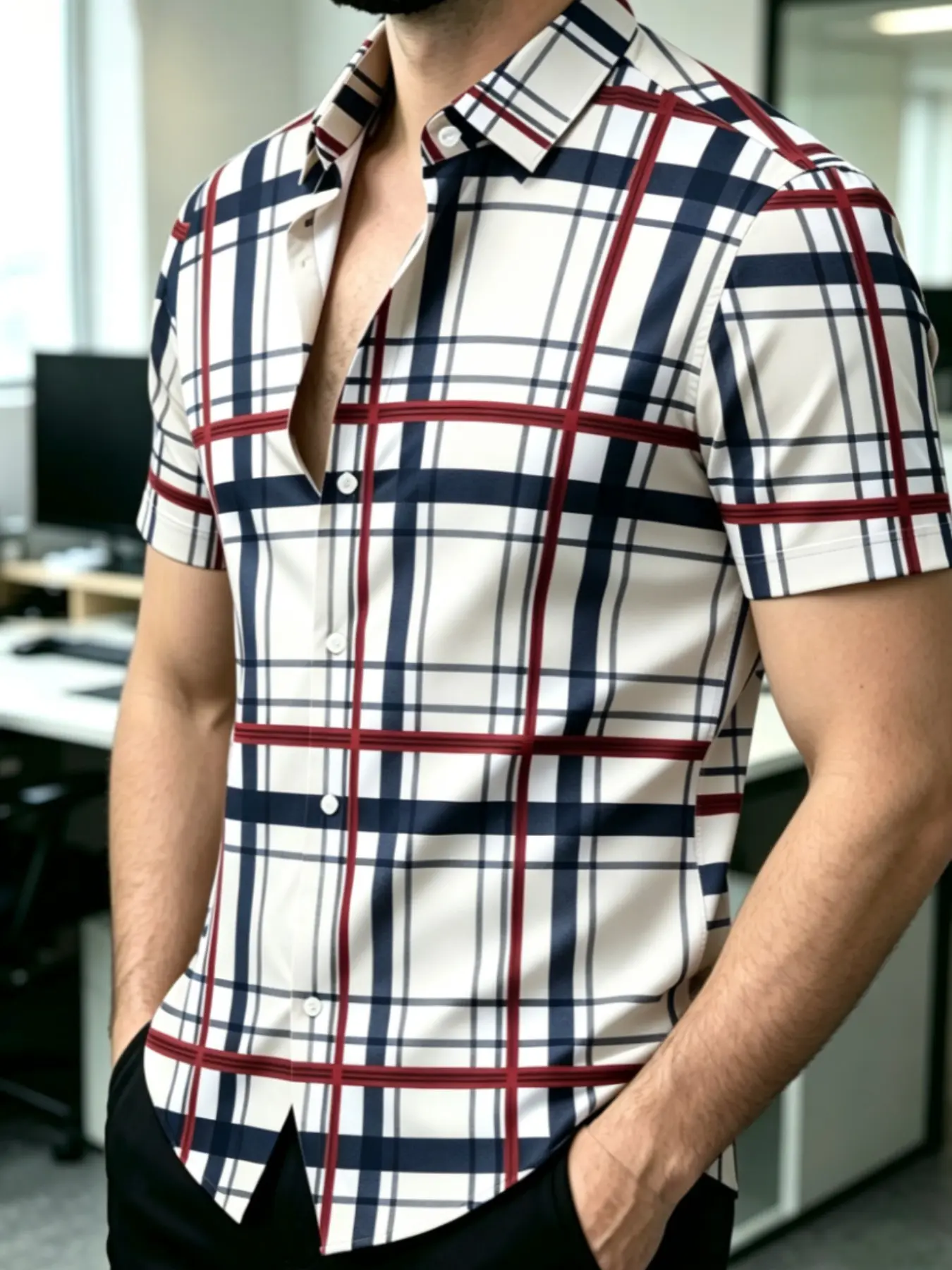 Men's Plaid Print Short Sleeve Shirt, checked plaid shirt, Casual Slim-Fitting Top, All over Print Design, Comfortable Daily Wear, Stylish Men's Clothing