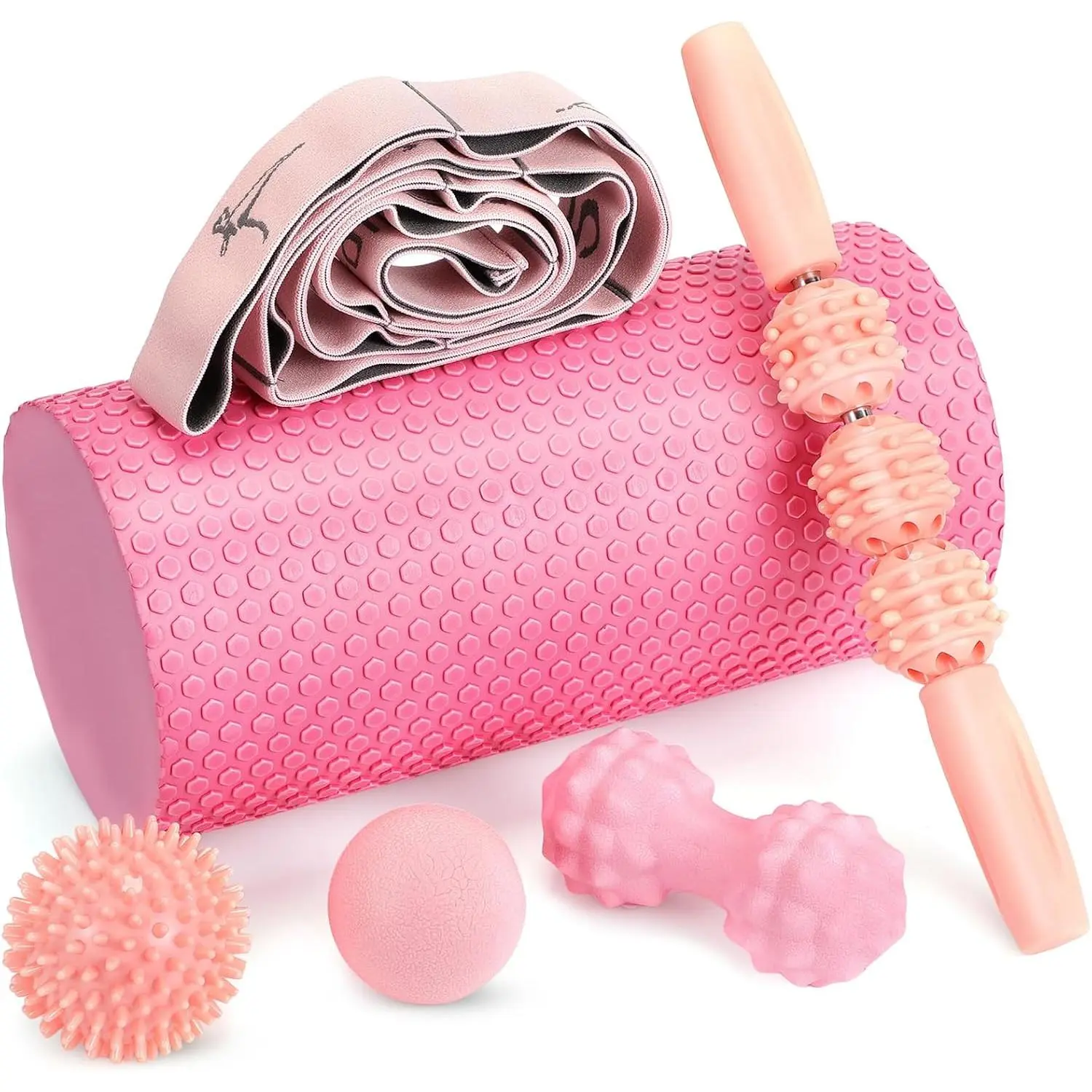 6 Pcs Pink Foam Roller Set Includes Peanut Massage Ball, Back Roller, Massage Roller Stick, 2 Foot Stretching Strap, and Fasciitis Ball for Christmas Gift Exercise Physical Body Therapy Yoga Massager