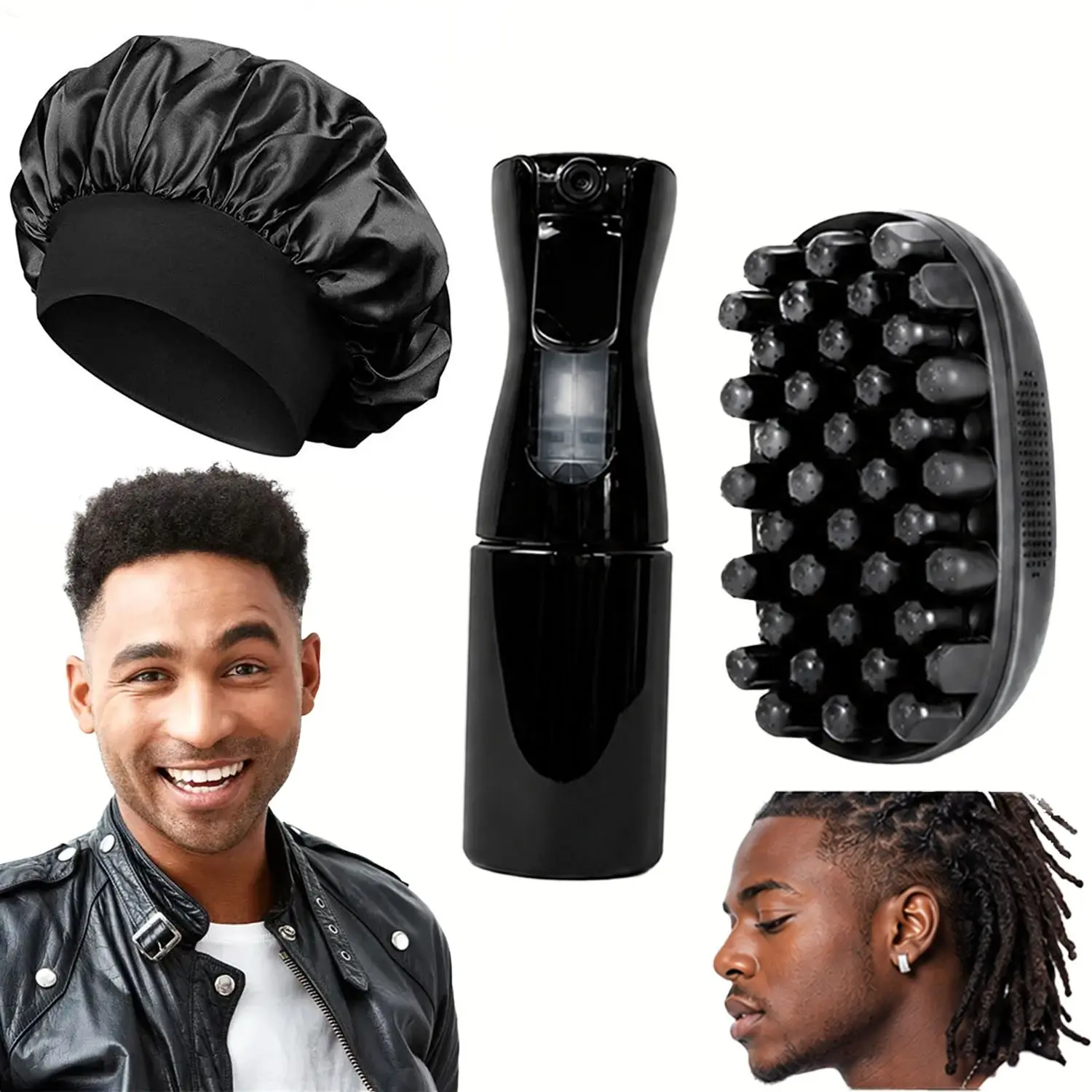 3PCS Freeform Twist Set for Natural Hair, Satin Bonnet Sleep Cap with Spray Bottle & Twist Sponge Brush, Curl Sponge Styling Kit for Dreadlocks, Locs, Coils, Afro Curls, Styling Tools