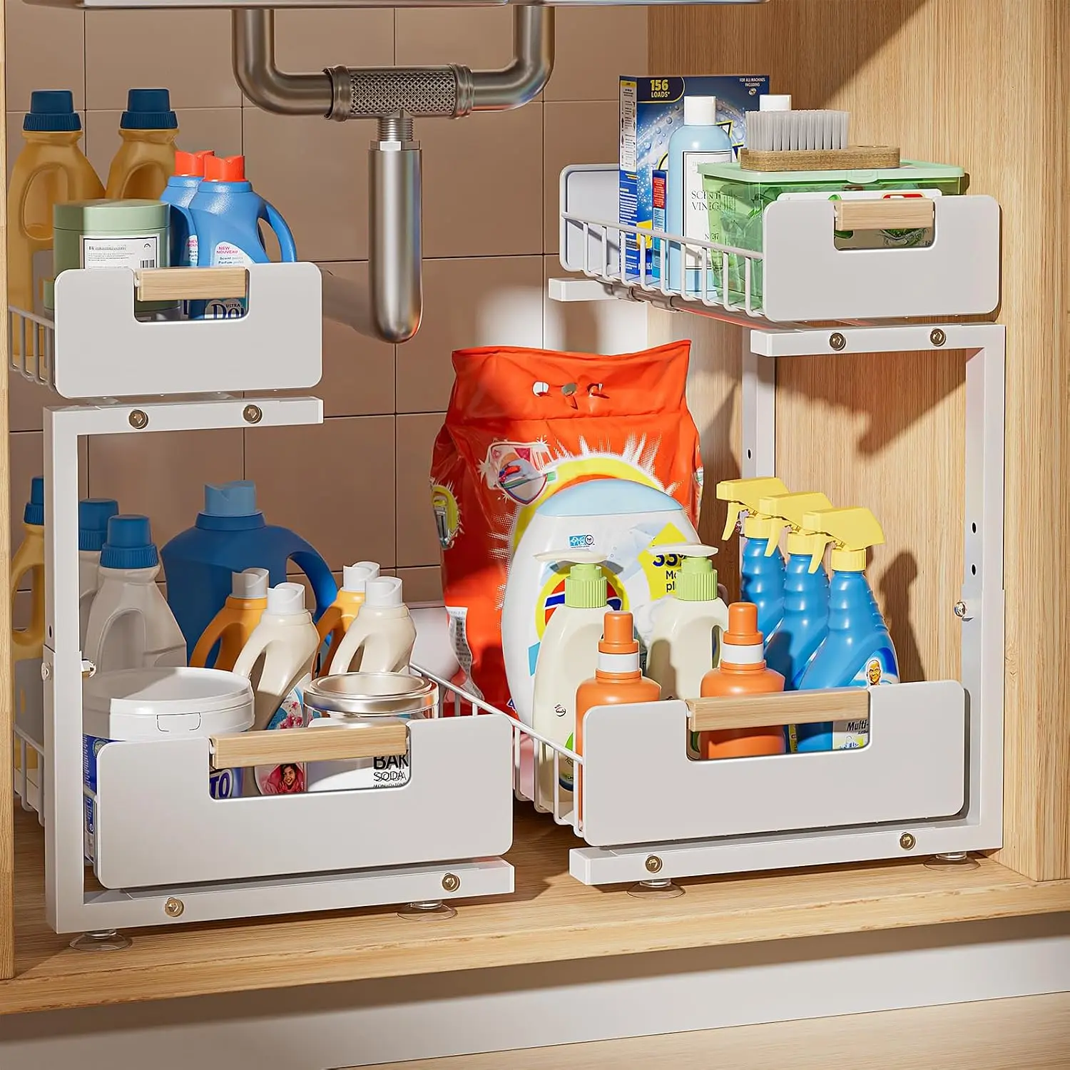 Under Sink Organizer Kitchen, 2-Tier Pull-Out Cabinet Shelf, 2-Pack