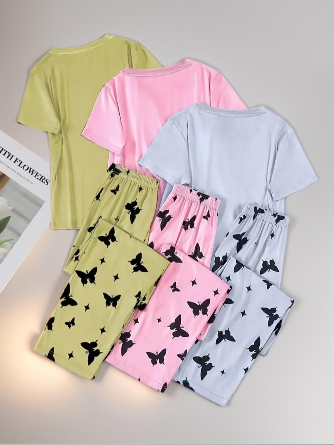 6 Counts Women's Heart & Butterfly Print Pyjama Set, Short Sleeve Tee & Elastic Waist Pants Loungewear Set, Women Cute Nightwear, PJ Sets for Women, Summer Outfits 2024, Pajama Set