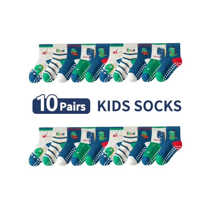 10 pairs of children's dinosaur cartoon floor socks, striped letter design, soft and non-slip, suitable both boys and girls, cute and comfortable indoor socks home use and learning to walk