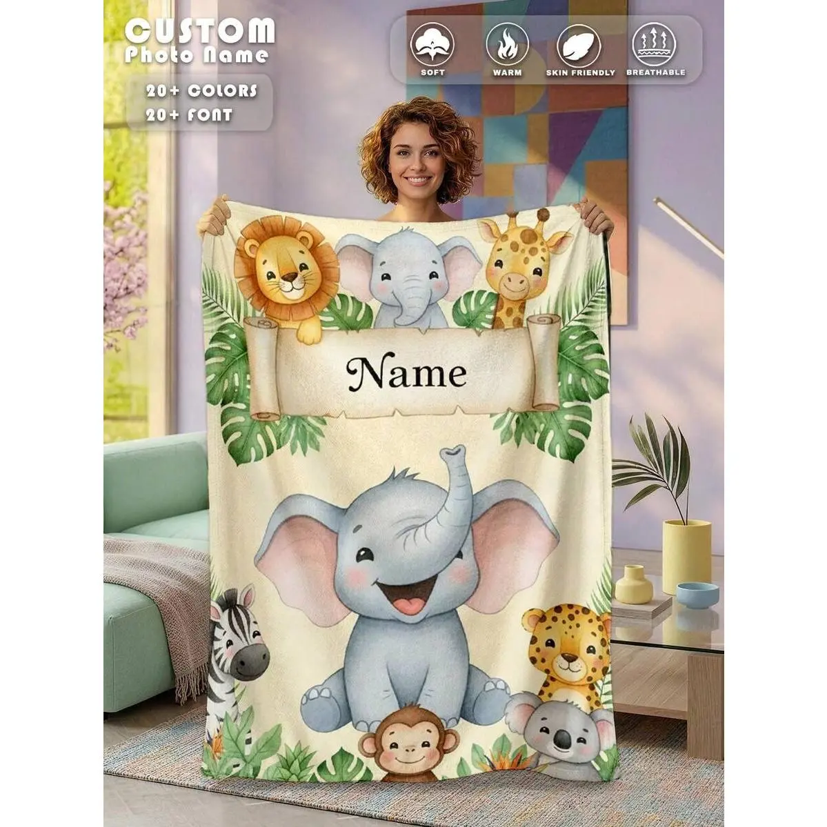 Customized Safari Elephant Flannel Printed Throw Blanket - Cozy, Wrinkle-Resistant, Personalized Name, Wildlife Theme, Childrens Blankets, Newborn Nursery Decor, Baby Shower Gift Bedding