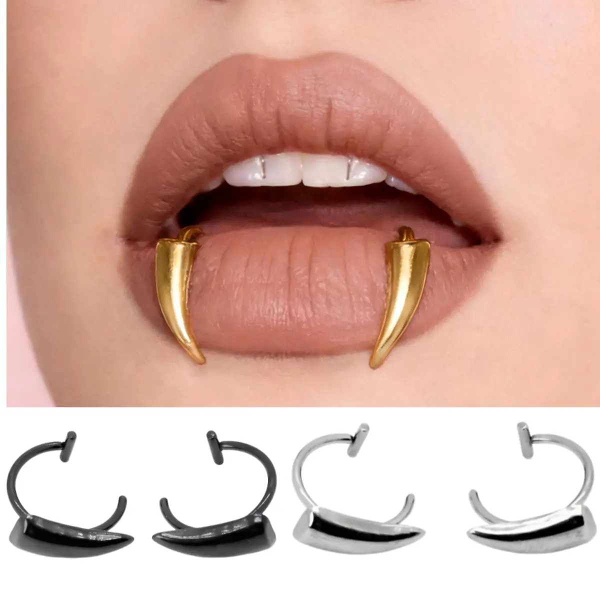 2Pcs Stainless Steel Fangs Lip Rings, Trendy European Cool Wolf Teeth No-Piercing Lip Jewelry For Party