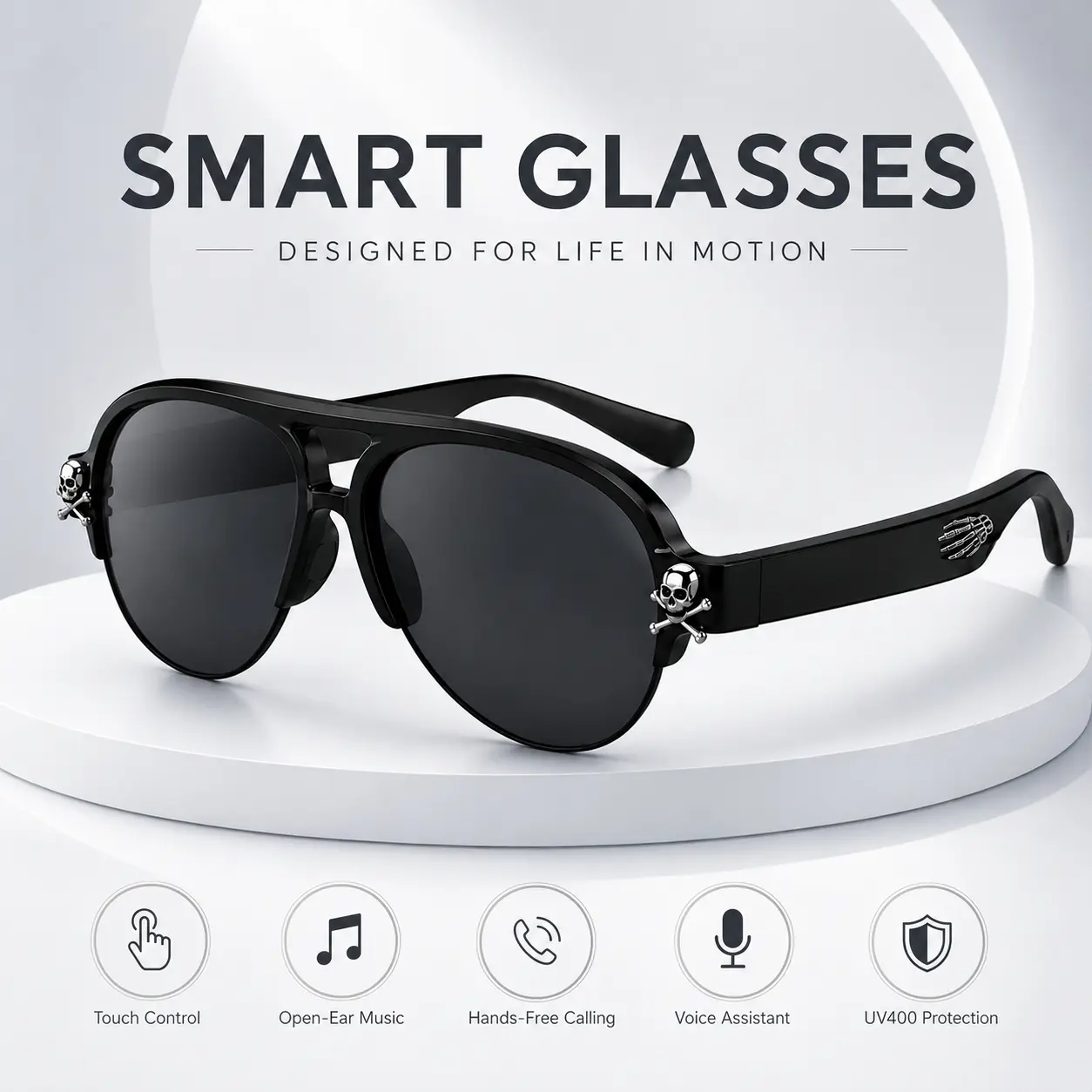 Gothic Smart Glasses, Skull Bluetooth Sunglasses with Open-Ear Audio, Built in Microphone, Voice Assistant, Touch Control and UV400 Protection