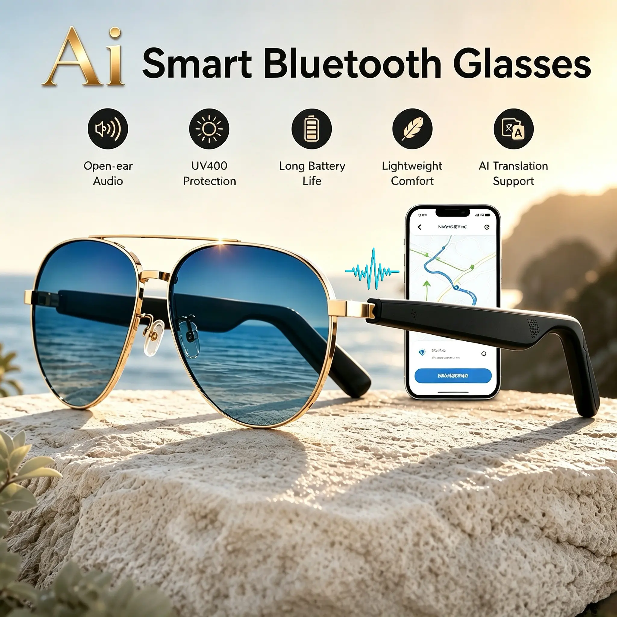 AI Bluetooth smart glasses, Wearable Tech Glasses, Multifunctional smart glasses, supports multi-language translation apps, music glasses, in ear automatic detection switch, sweat proof, sunscreen sunglasses, suitable for travel, navigation, meetings