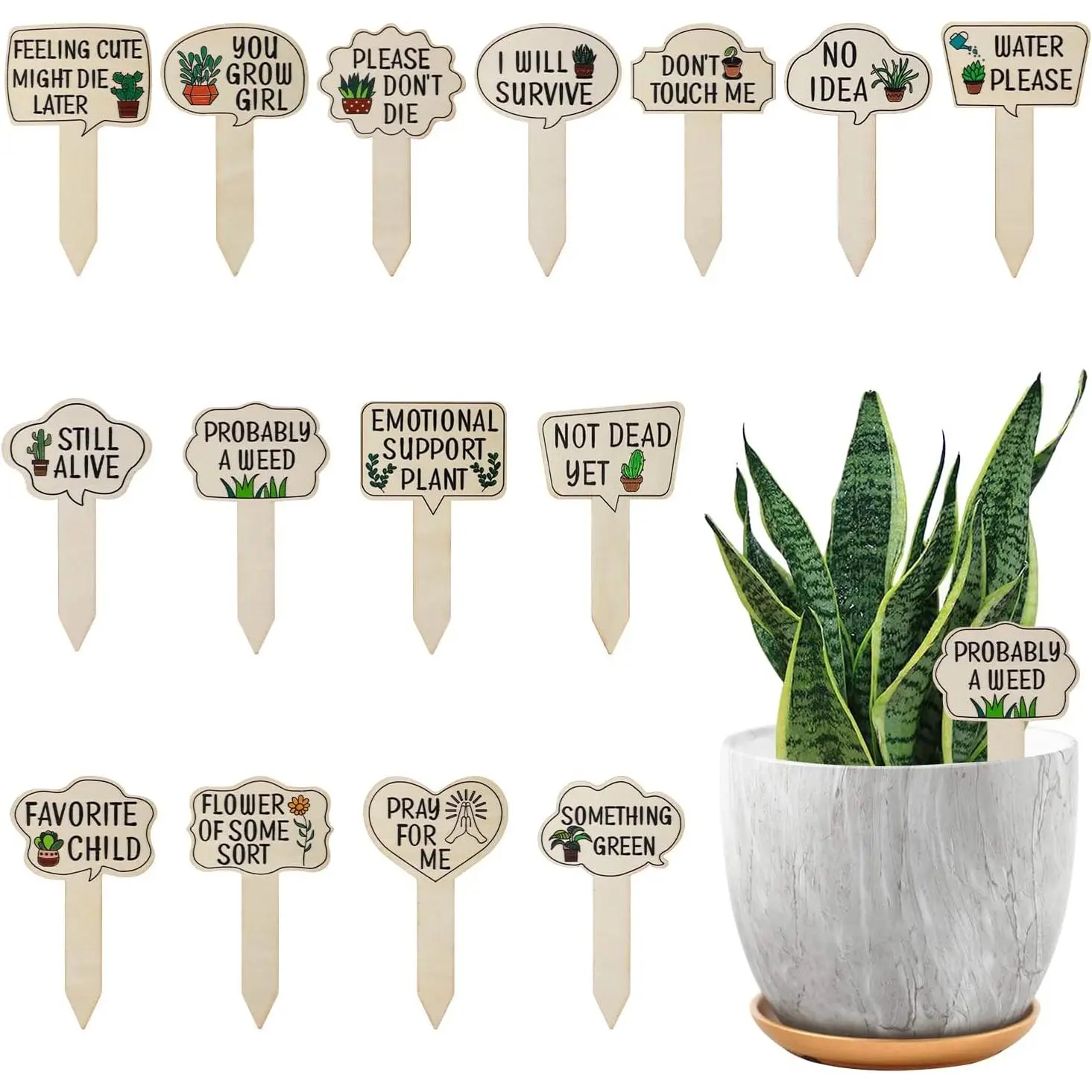 15 count Garden  Markers, Wooden  Labels Tab Funny  Signs with Stake, Interesting Words & Cute Patterns Garden Tags Labels for Outdoor Indoor Patio Supplies Novelty Gifts