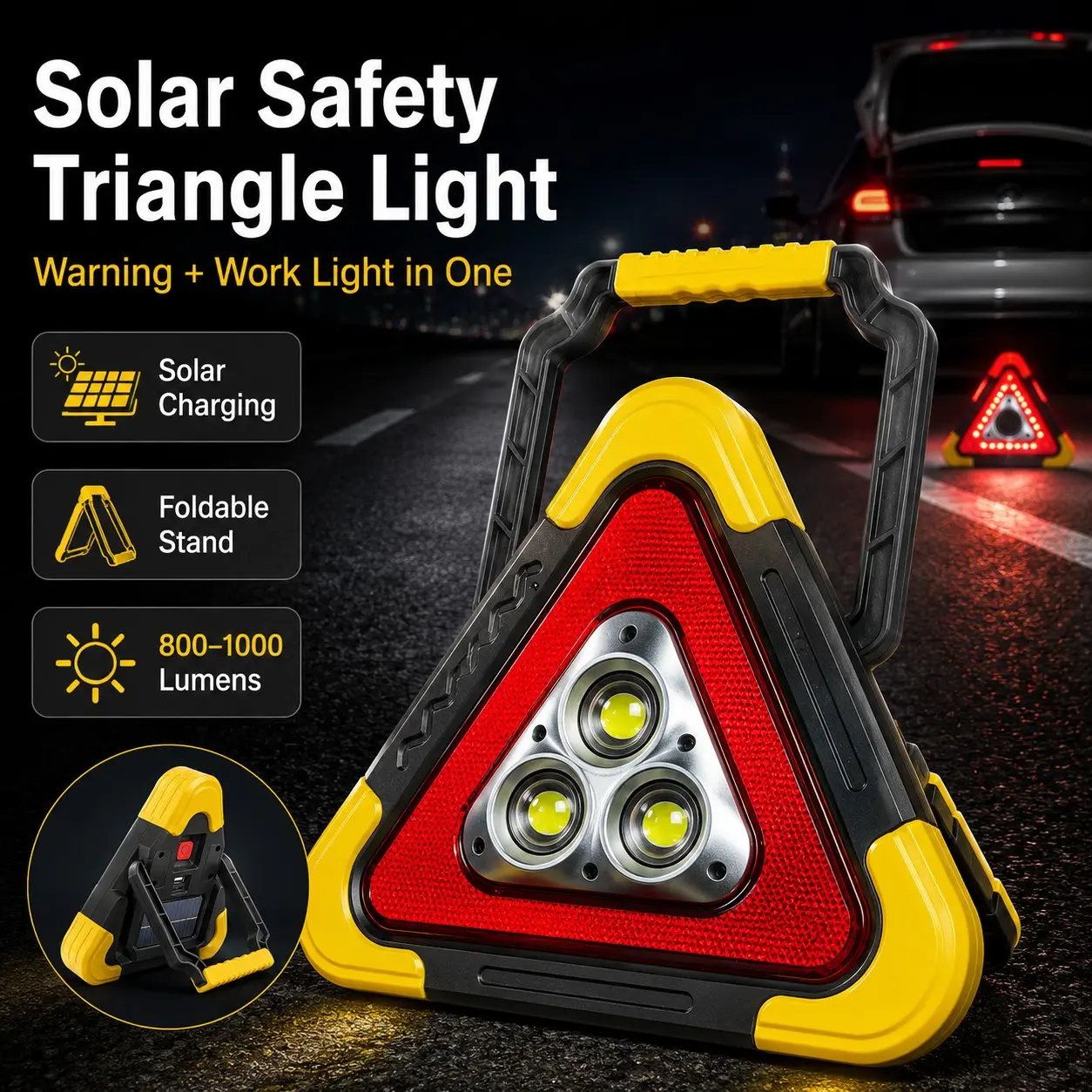 Solar LED Warning Triangle Light, 30W Portable Roadside Emergency Safety Light with Work Lamp, 4 Lighting Modes, Red Flash Warning, 800-1000 Lumens, High Lumen Rechargeable, Foldable Stand for Car Breakdown, Camping, Power Outage