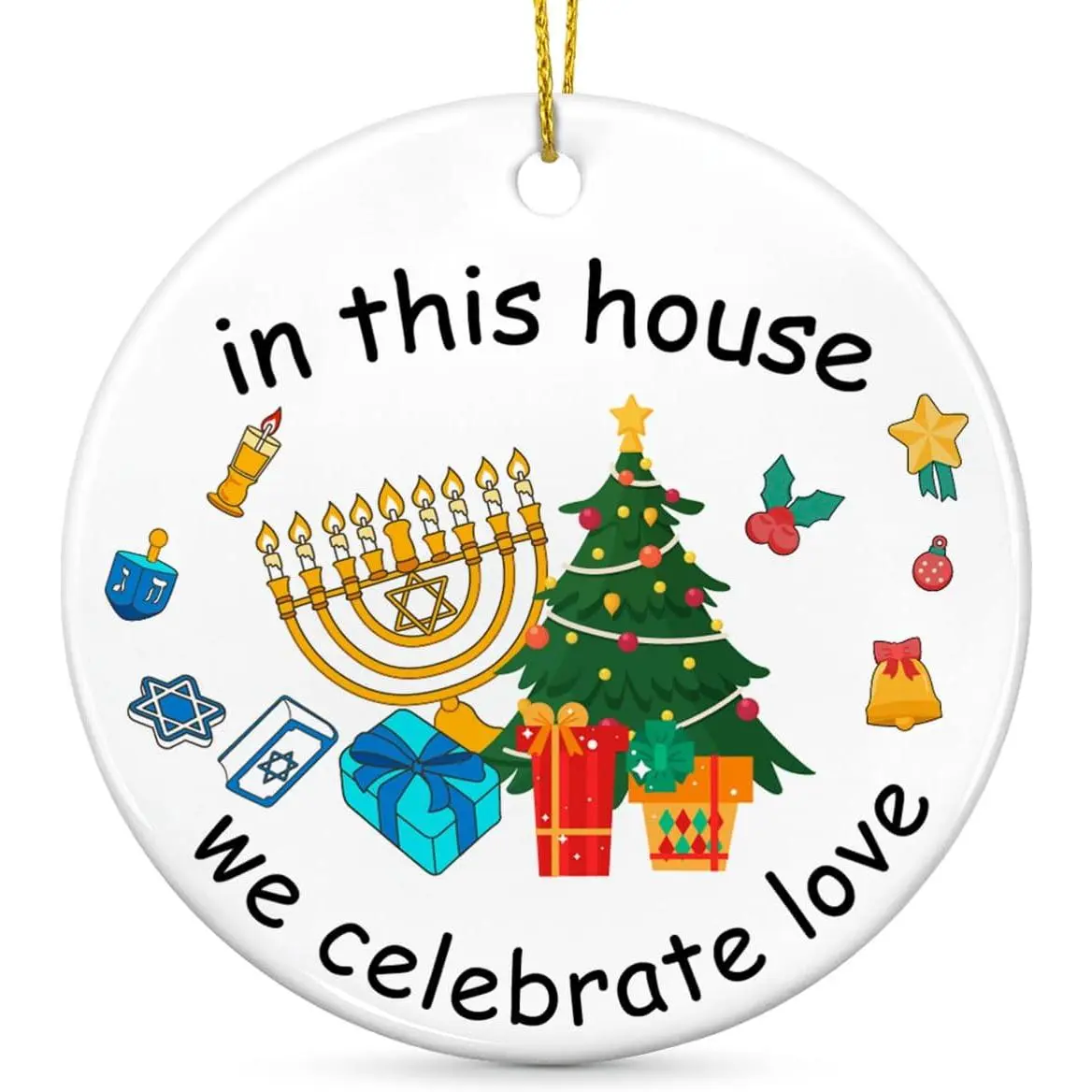 Chrismukkah Christmas Tree Ornaments Gifts Jewish Ceramic Decor | in This House We Celebrate Love Ornaments, Christian  for Interfaith Family, Christmas Tree  Decorations