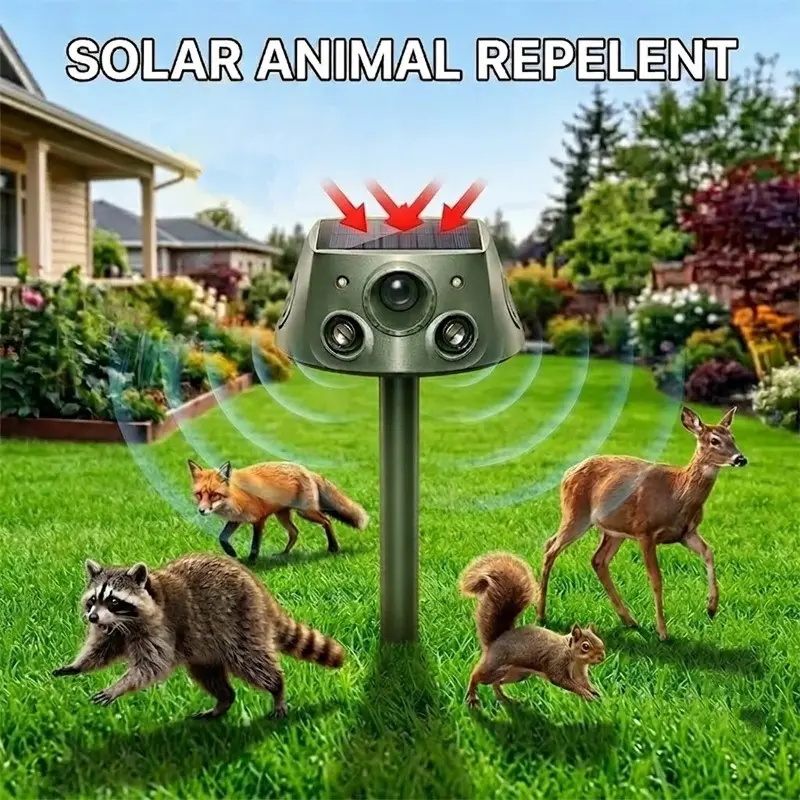 2026 Upgraded Solar Animal Repeller Outdoor, Motion Activated Ultrasonic Deer Repellent Devices with PIR Sensor & LED Flashing Lights, IP66 Waterproof Humane Squirrel, Bird, Cat & Dog Deterrent for Garden Yard