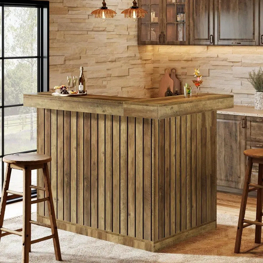 Brown Industrial L-Shaped Home Bar Unit - 4-Tier Corner Liquor Bar Table with Storage Shelves, Wine Glass Holder, Home Pub Reception Desk Cabinet