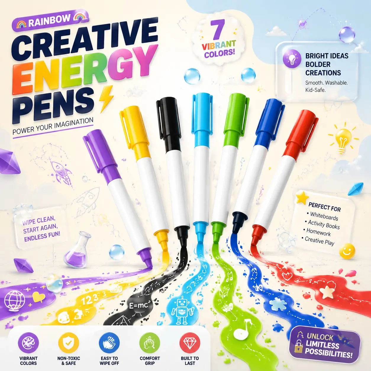 8 Color Magnetic Dry Erase Pen Set with Brush Head and Magnetic Cap, Vibrant Colors, Suitable for Whiteboard, Glass, Metal Surfaces