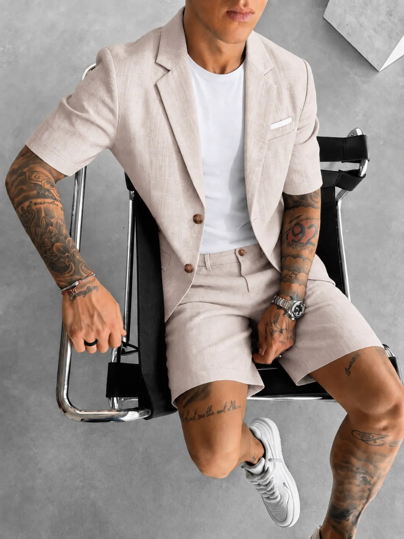 Men's Summer Two-Piece Suit Set, Casual Slim-Fit Short Sleeve Jacket & Shorts, Lightweight Breathable Fabric, Summer Wear, Perfect for Beach & Weddings