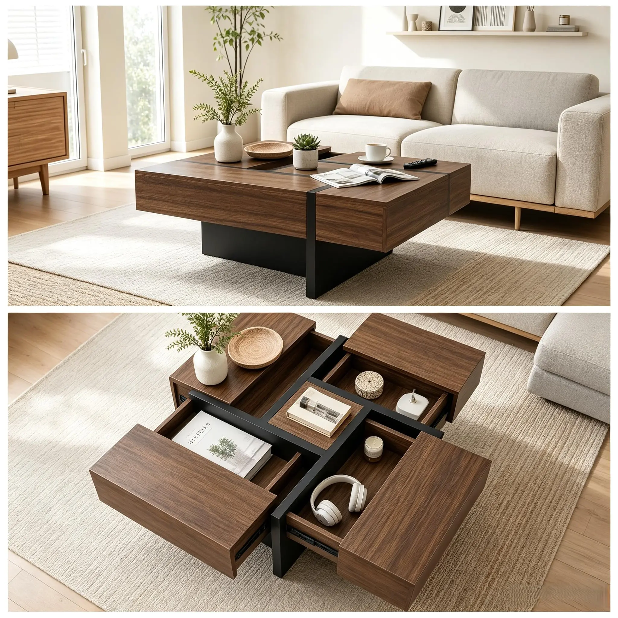 Expandable Coffee Table with Hidden Storage - Mid Century Modern Center Table - Sliding Top - Adjustable Square Wood for Living Room - Ideal for Small Spaces - Vintage Color