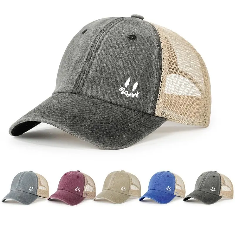 Vintage Washed Trucker Hat Mini Graffiti Smiley Face • Funny Sketch Smile Mesh Back Baseball Cap Y2K Grunge Streetwear Adjusted Snapback Dad Cap