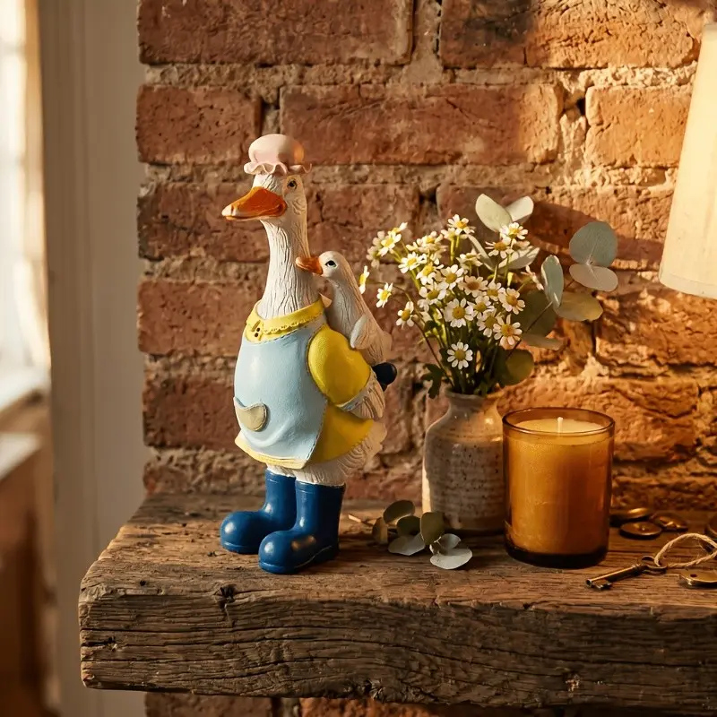 Upulipuli Cute Decorative Animal Goose Mom and Baby Garden Statue, 9.4 Inch Hand-Painted Resin, Farmhouse Style Decor, Gift for Gardening Lovers