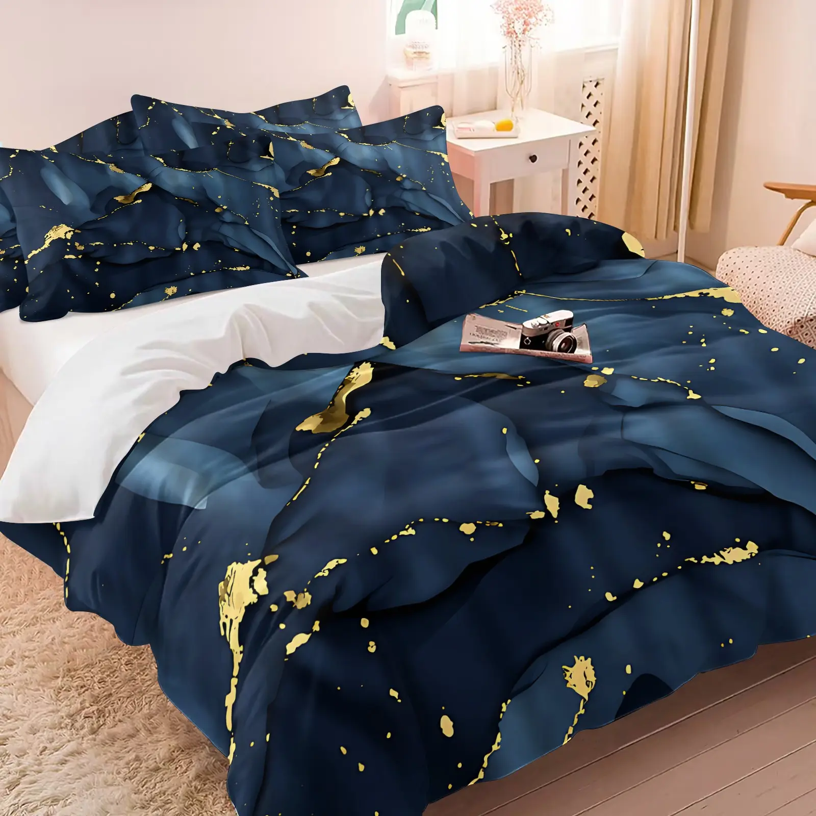 Navy Blue Gold Marble Themed Duvet Cover Set, Luxury Abstract Print Bedding Set, Includes 1 Duvet Cover & 1-2 Pillowcases, No Filling, Ideal Housewarming Birthday Gift for Adults, Fits Master Bedroom Guest Room Apartment
