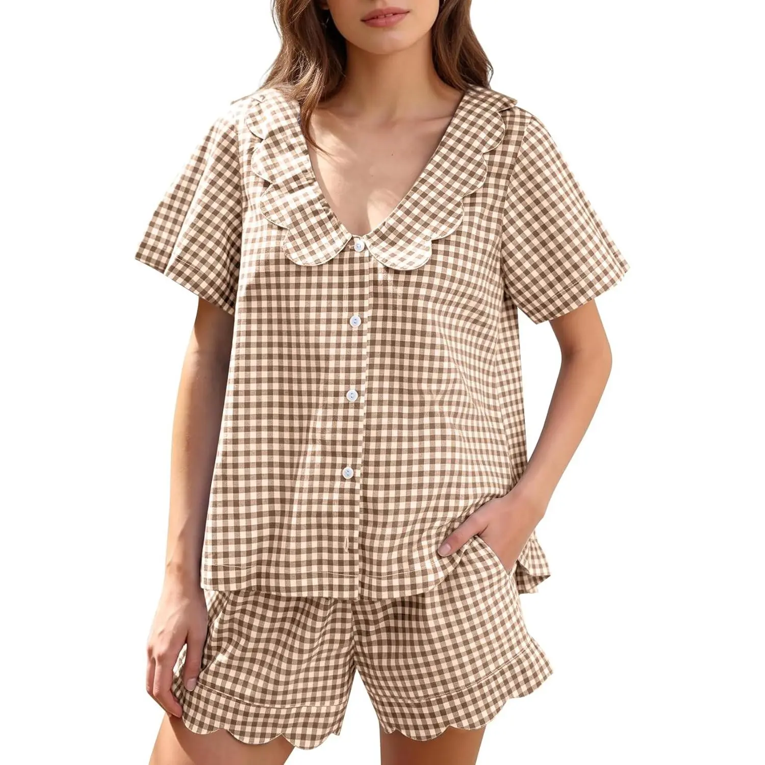 Womens Gingham Pajama Sets Cotton Scalloped Babydoll Top and Short Lounge Set 2026 Plaid 2 Piece Summer Outfits # pyjama