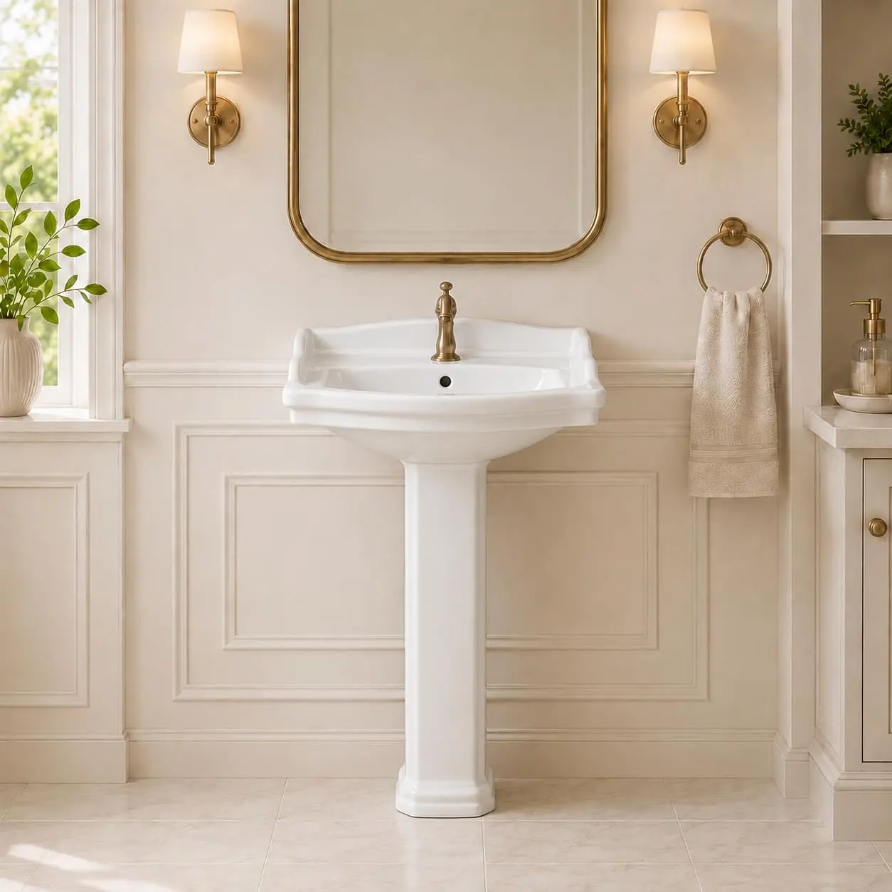 Ceramic Pedestal Bathroom Sink, Classic Freestanding Column Basin with Glossy Finish, Single Hole Faucet Design, Vintage Style Sink
