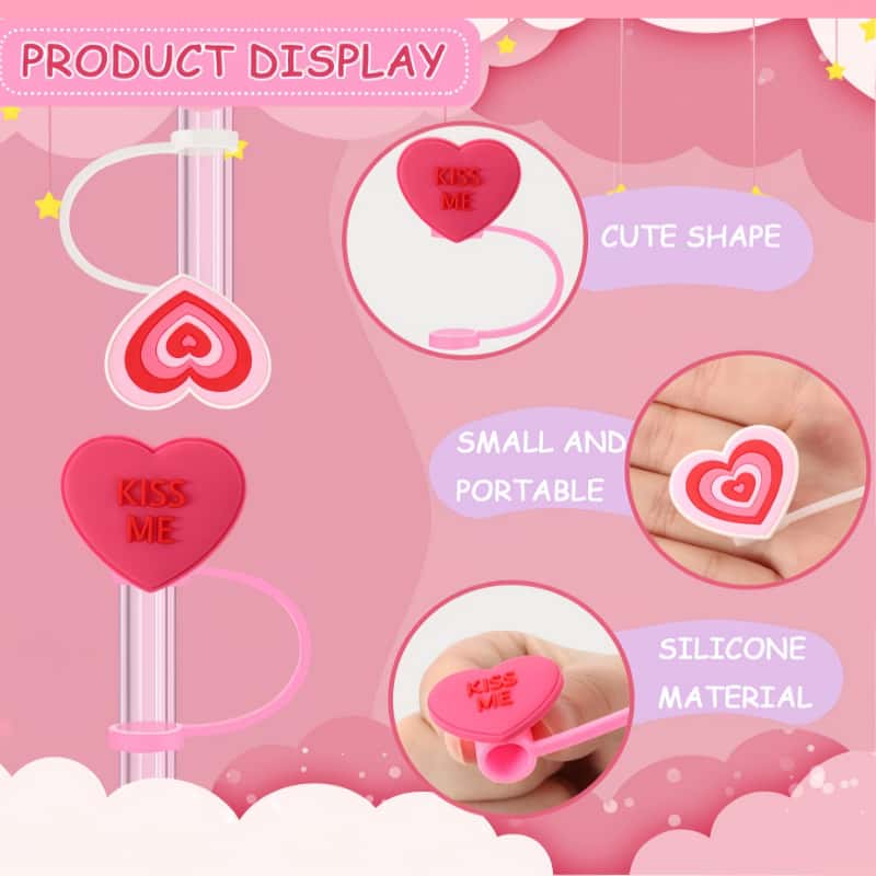 Valentine's Day Heart Shaped Straw Cover Cap, 4 Counts Cute Straw Cap, Drinkware Accessories for 7~8mm Straws, Home Kitchen Party Supplies