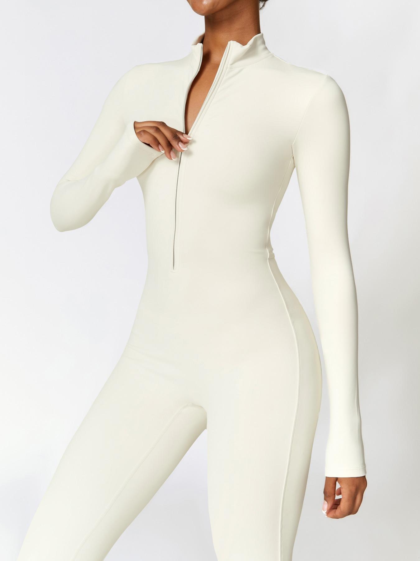 Women's Solid Zip-up Skiing Jumpsuit, Sporty Long Sleeve Onesie for Skiing Cycling, Fall & Winter Ladies Sportswear, Stretchable Activewear, Sporty Comfy Jumpsuit, Sports Jumpsuits