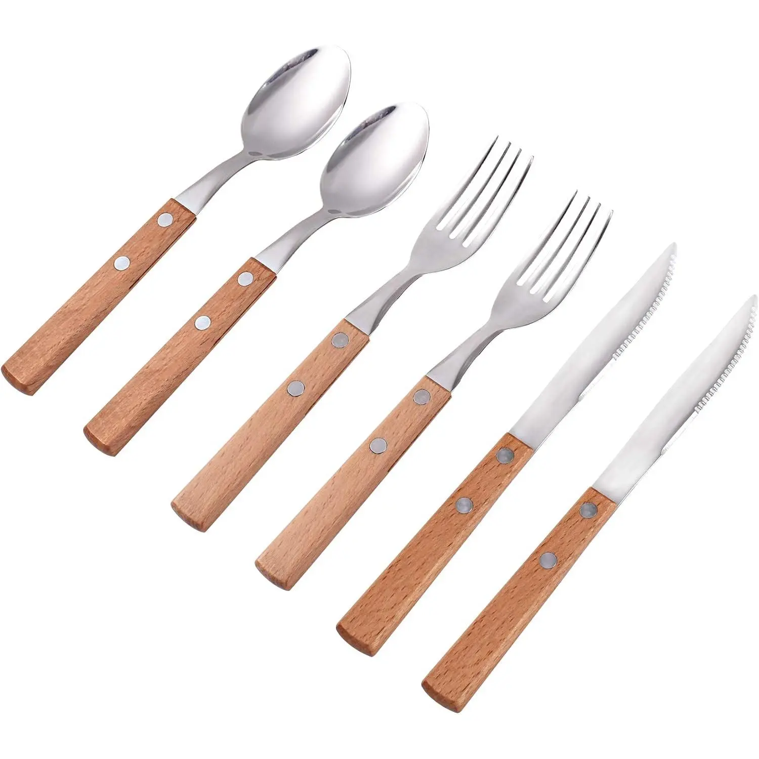 Cutlery Sets of 6, Dinner Spoons,  and Fork Set, Stainless Steel with Wooden Wide Handles, Flatware Set Tableware Dinnerware, Service for 2 Adult