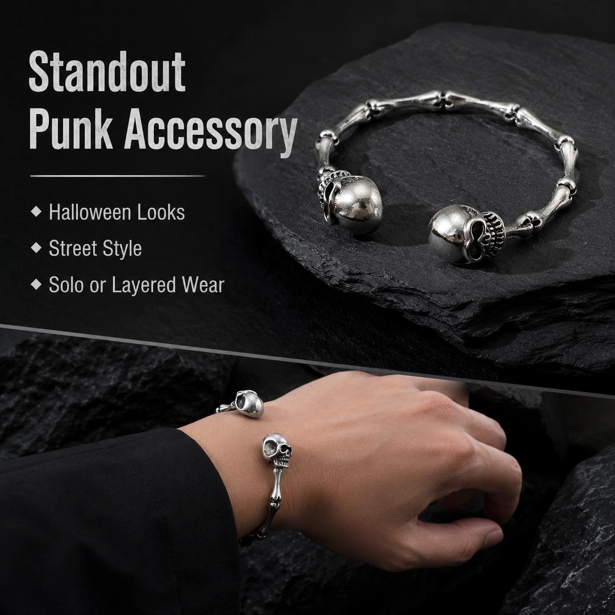 Vintage Gothic Skull Cuff Bangle - Silver Gothic Motif Bracelet, Adjustable Biker Accessories, Ideal Goth Gifts - MM2
