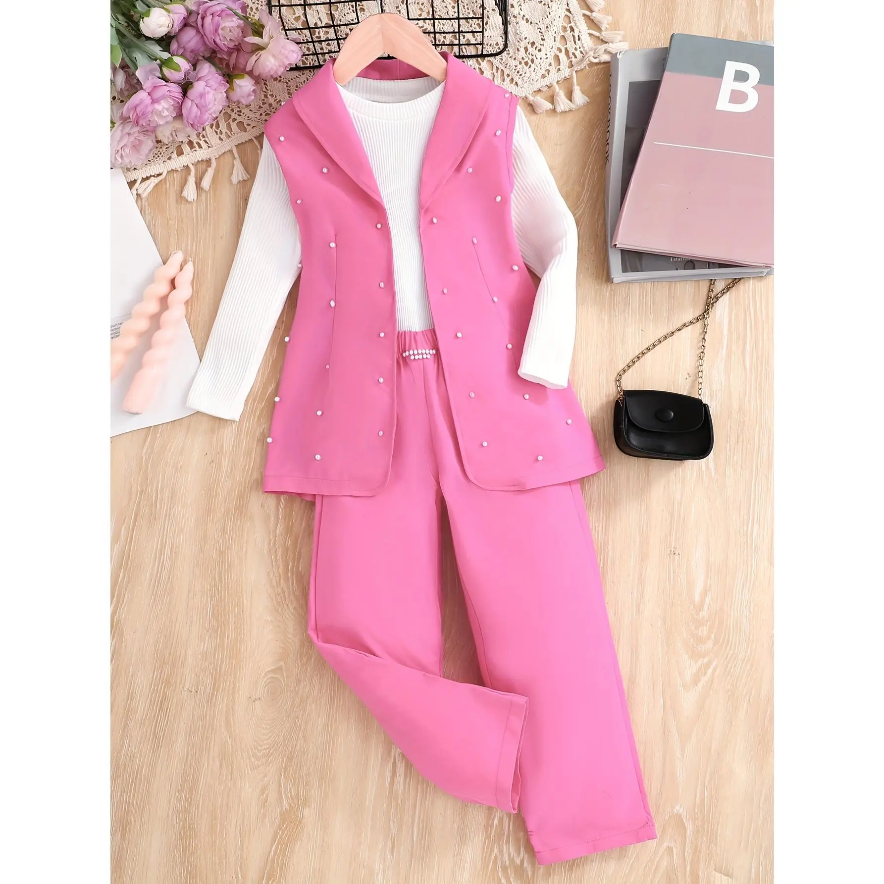 Girls' Two-Piece Set, Spring And Autumn Style Girls' Fashion Suit, Beaded Sleeveless Suit Jacket + Slim Straight-Leg Trousers, Elastic Waistband, Trendy Clothing, Comfortable Fit, Lightweight Fabric, Very Suitable for Outdoor Activities