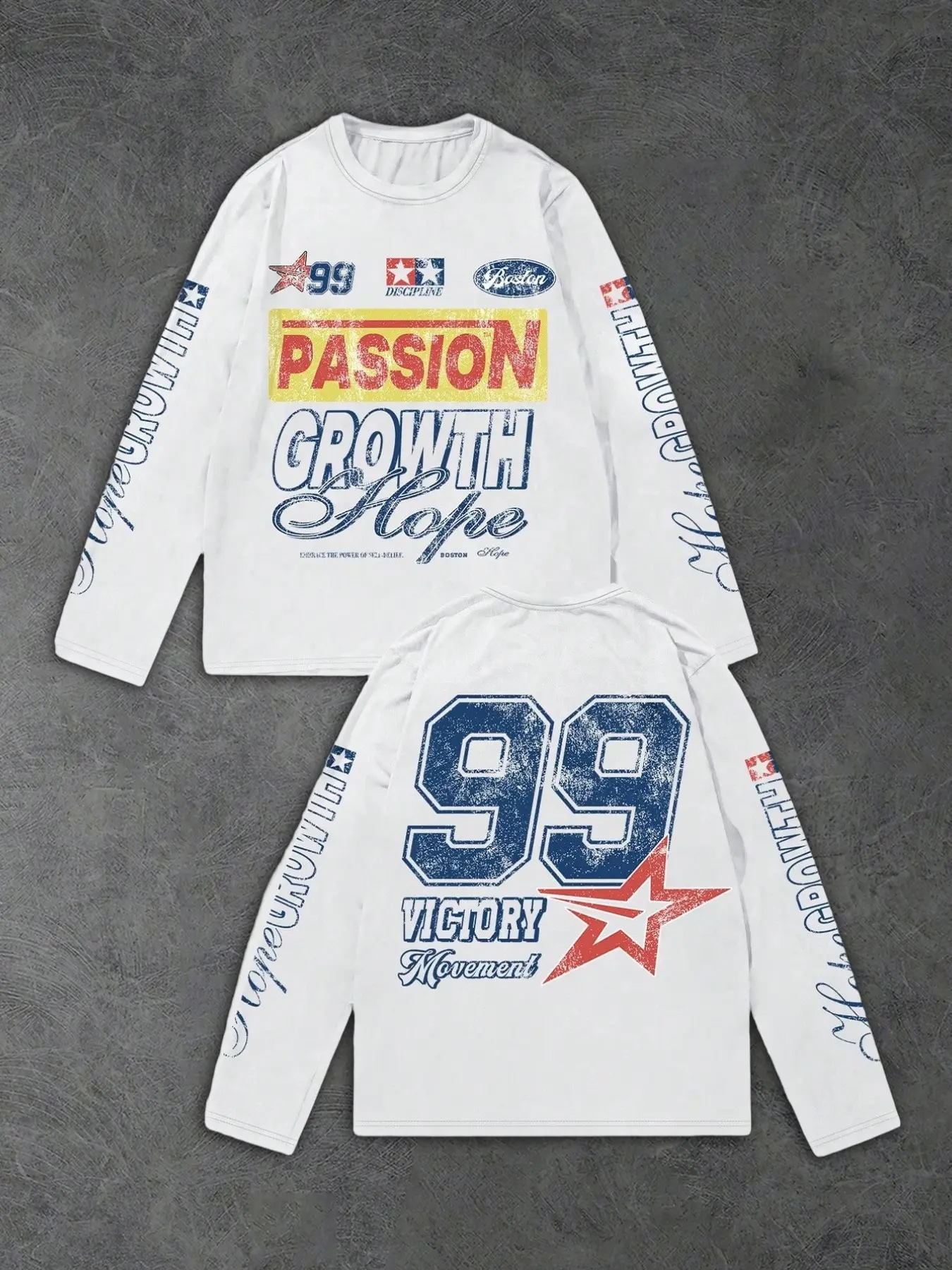 American Vintage 99 Event Slogan Long Sleeve T-Shirt, Distressed Print, Passion Badge, Victory Star, Loose Fit, Casual, All Seasons