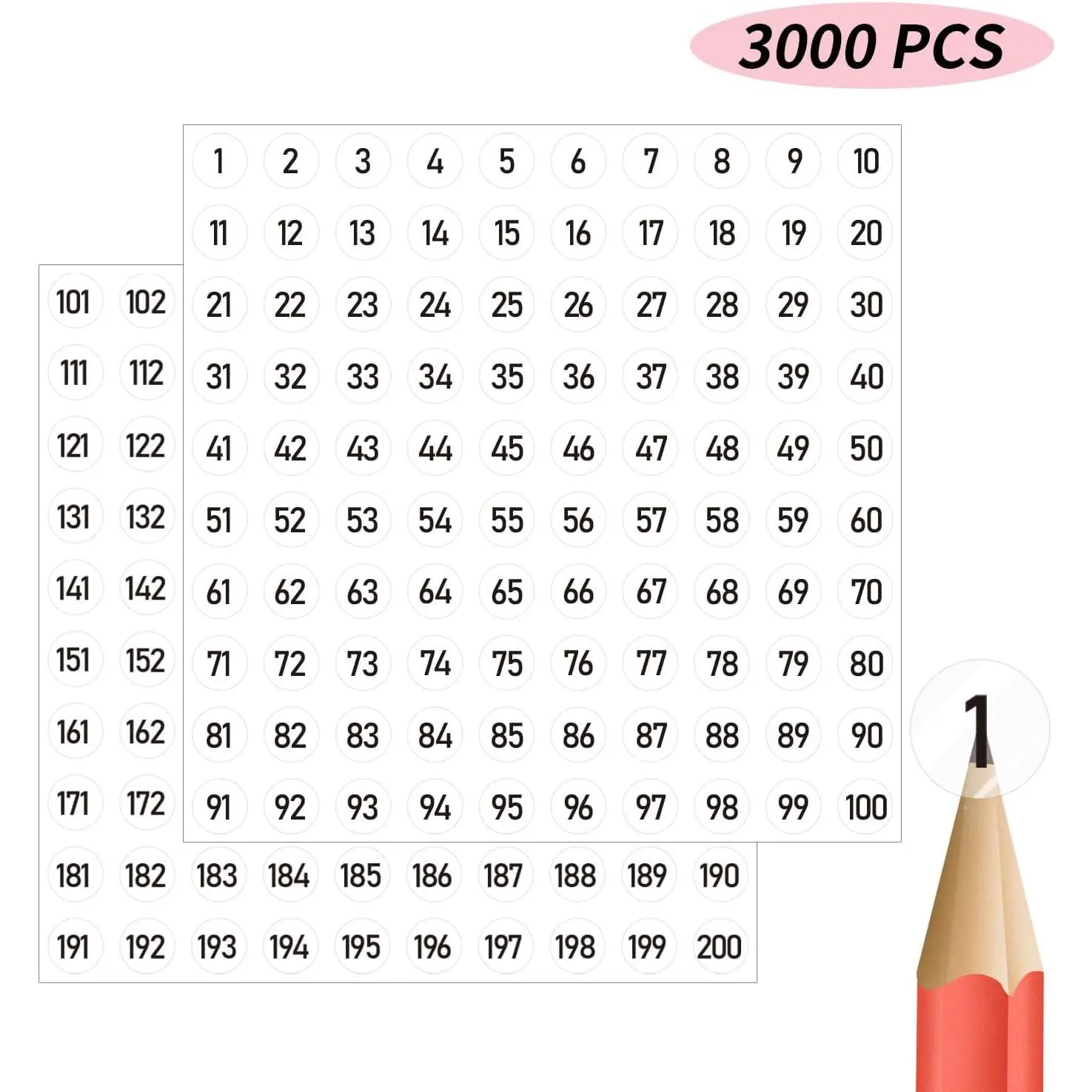 3000 count Number Stickers Labels, 0.4'' Transparent Consecutive Number Stickers 1-200, Vinyl Numbered Sticker, Self-Adhesive and -Free, Use for Indoor and Outdoor