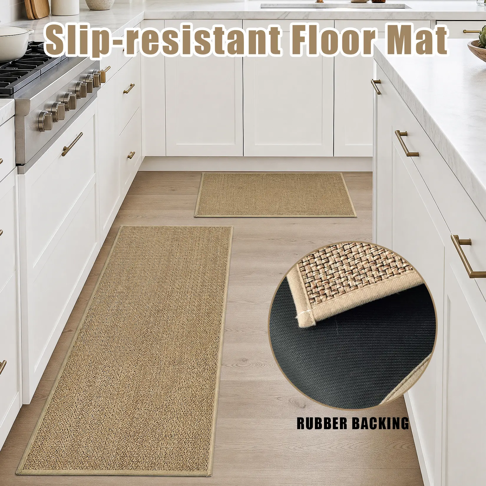 2-Piece Washable Chenille Kitchen Rugs Set - Non-Slip Rubber Backed Soft Absorbent Floor Mat for Sink & Stove Area, Machine Washable, Linen