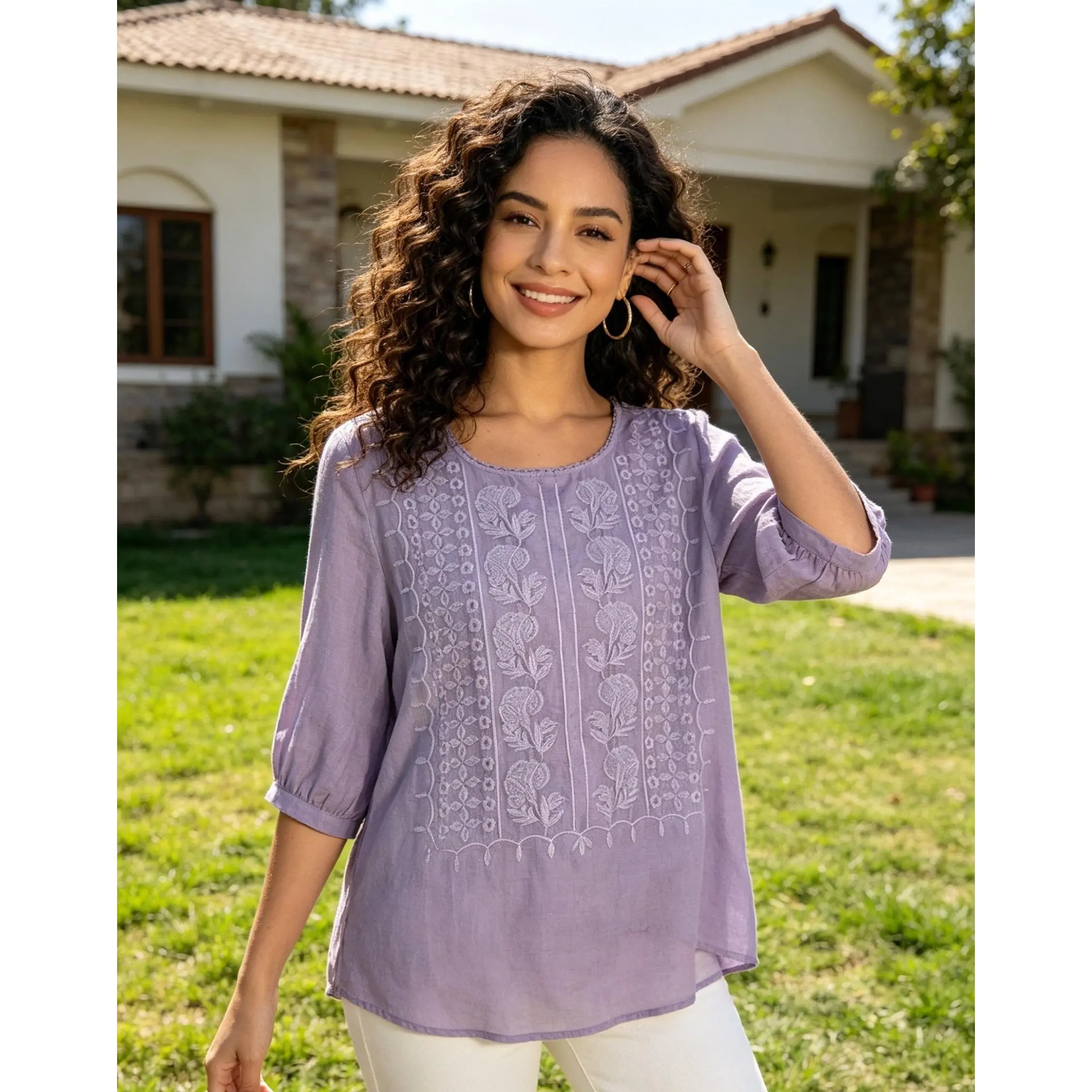 Women's Casual Vintage Embroidered Blouse - Lightweight Cotton-Linen Blend Summer Top, Breathable, Loose Fit, Round Neck, Mid-Length Sleeves, Chic, Comfortable, Elegant