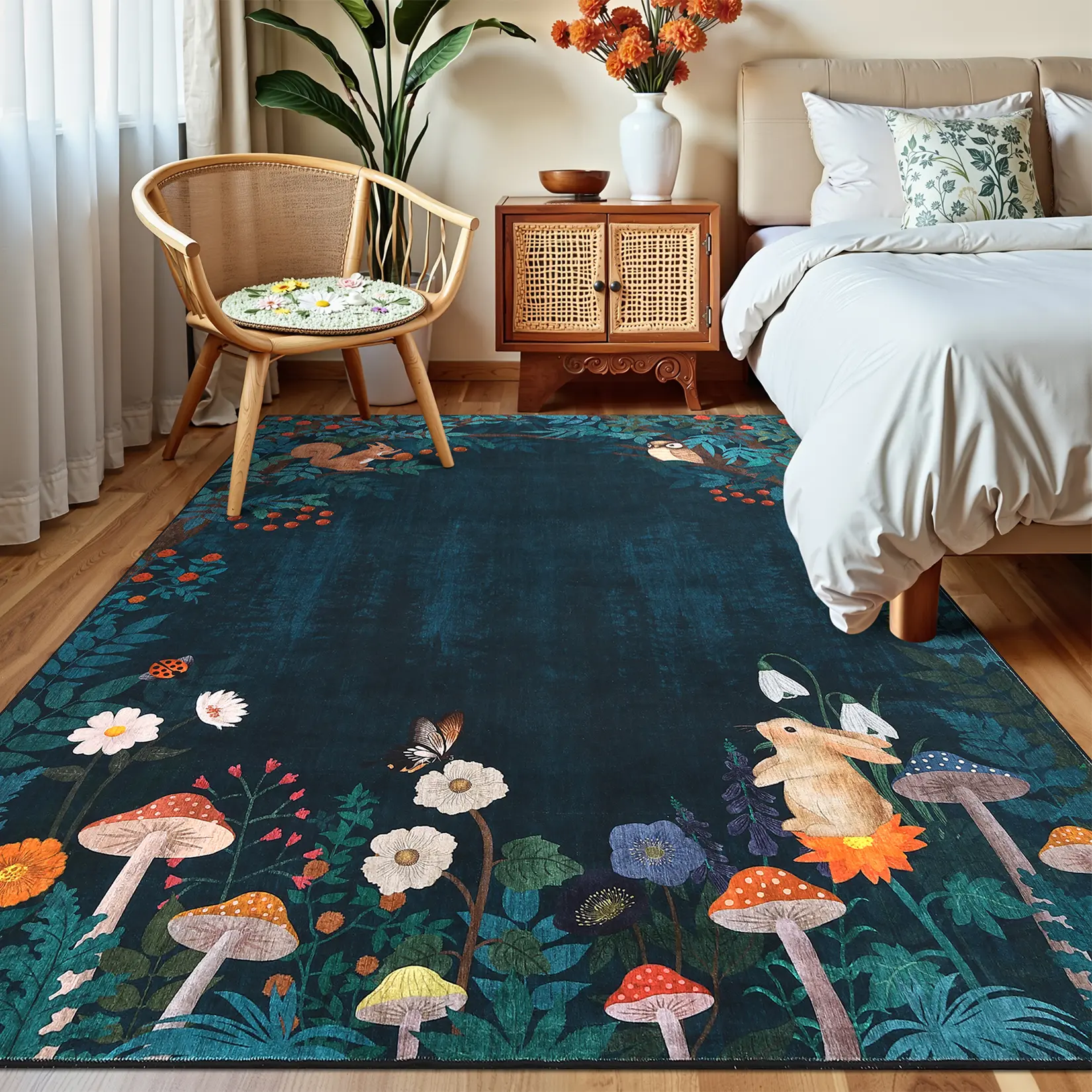 Machine Washable Forest Wildlife Area Rug, Woodland Mushroom Floral Butterfly Animal Low Pile Carpet, Stain Resistant Non Shed Indoor Floor Mat, Easy Clean Fairy Tale Nature Rug for Bedroom Nursery Farmhouse Decor