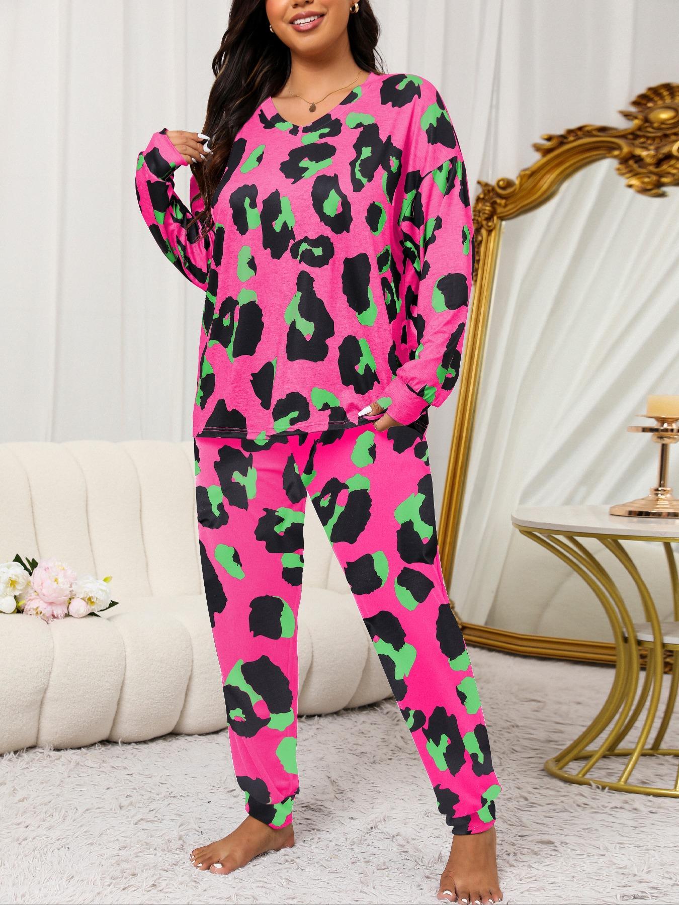 2 Piece Set Plus Size Leopard Print Pyjama Set, Casual Long Sleeves Drop Shoulder Tee & Plain Pants Set for Women, Women's Sleepwear for Spring & Fall,  Pyjamas for Women, Pajama Set